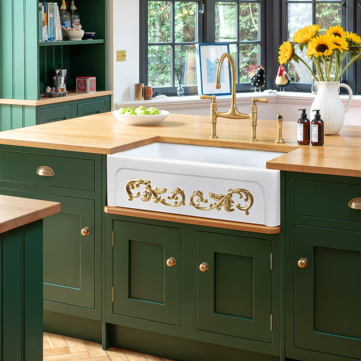 33&quot; reversible single bowl fireclay kitchen sink: Roman vine, beveled front apron