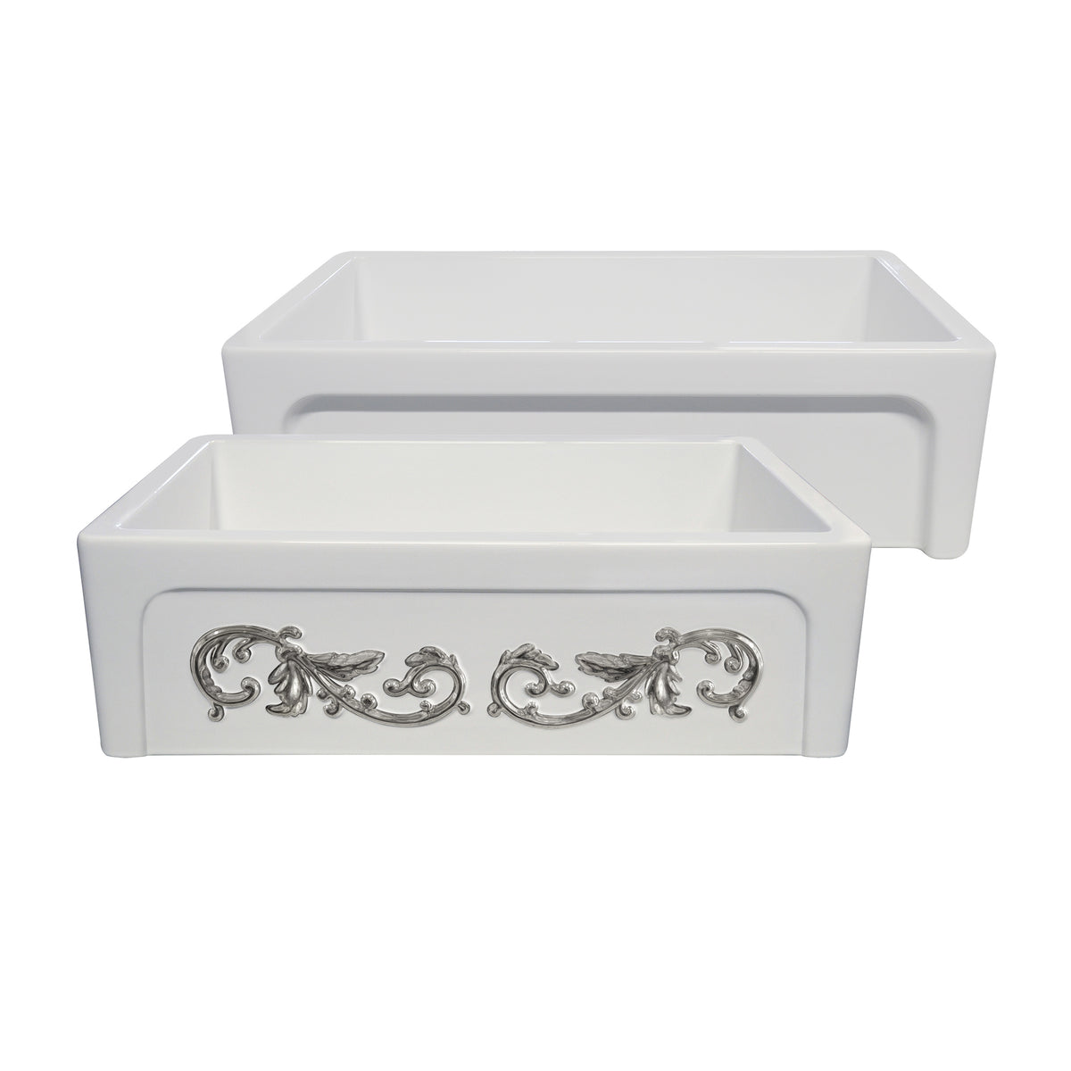 33&quot; reversible single bowl fireclay kitchen sink: Roman vine, beveled front apron