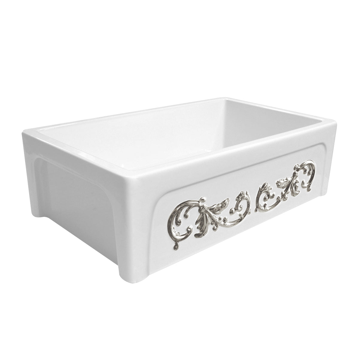 33&quot; reversible single bowl fireclay kitchen sink: Roman vine, beveled front apron