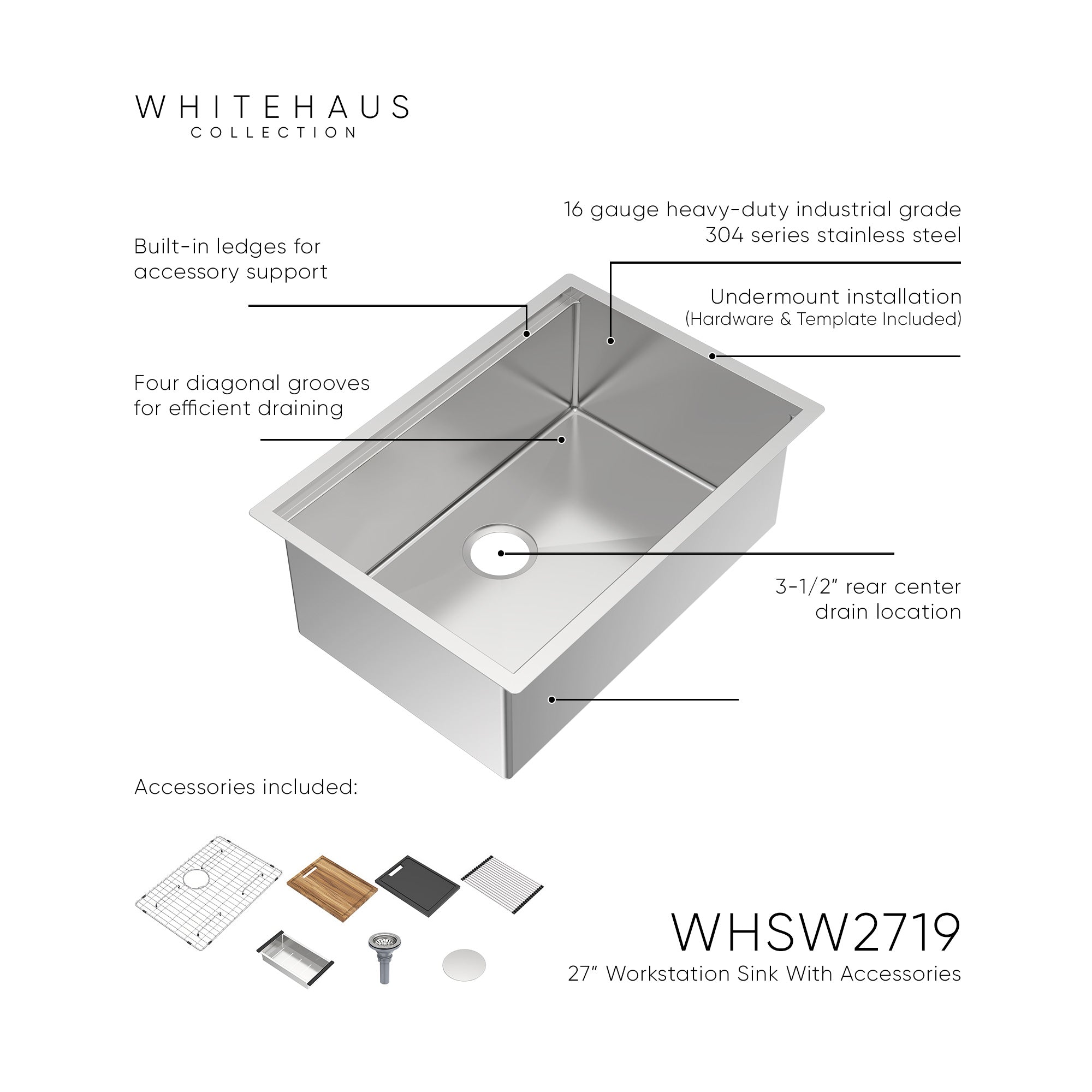 Undermount Single Bowl 16 Gauge Brushed Stainless Steel Workstation Sink With Accessories