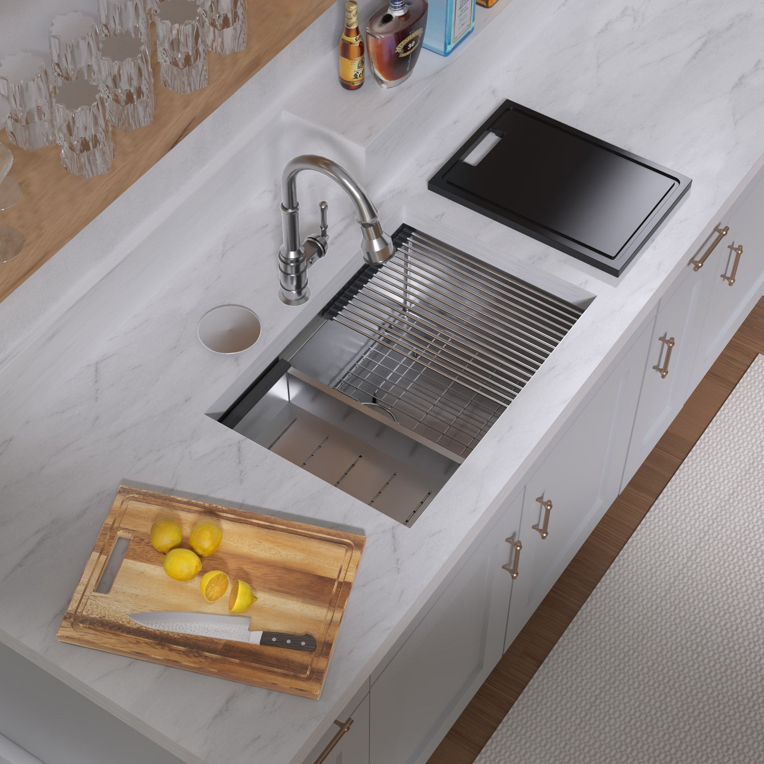 Undermount Single Bowl 16 Gauge Brushed Stainless Steel Workstation Sink With Accessories