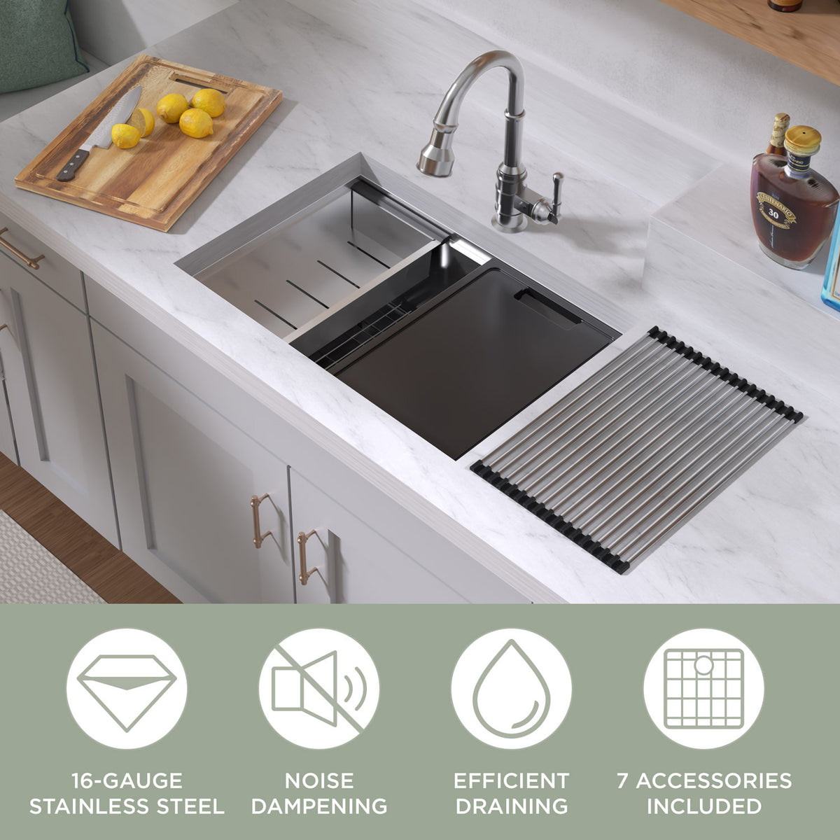 Undermount Single Bowl 16 Gauge Brushed Stainless Steel Workstation Sink With Accessories