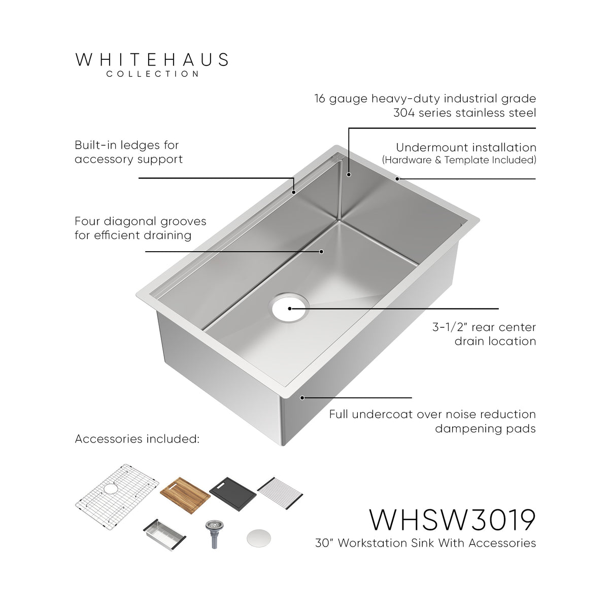 Undermount Single Bowl 16 Gauge Brushed Stainless Steel Workstation Sink With Accessories