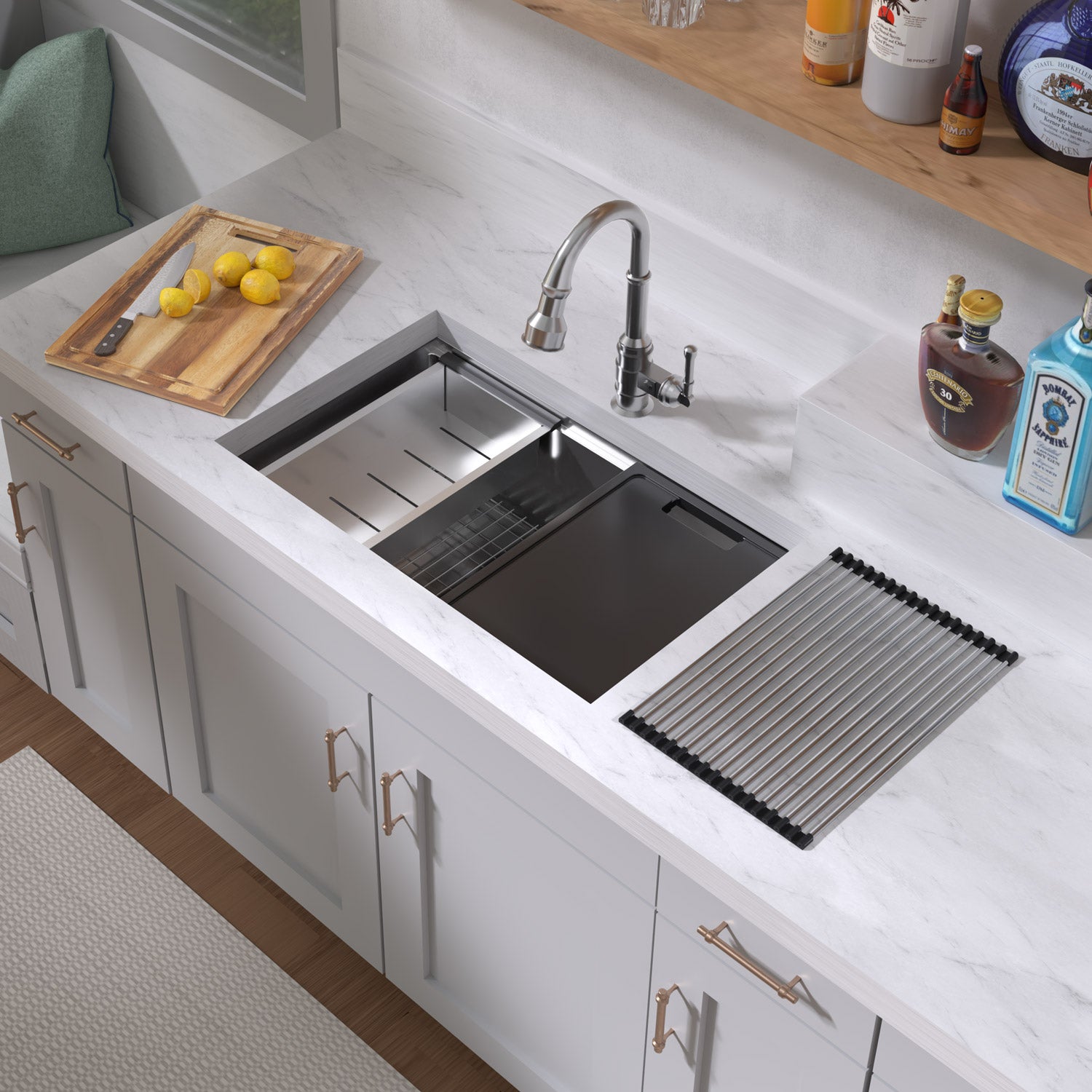 Undermount Single Bowl 16 Gauge Brushed Stainless Steel Workstation Sink With Accessories