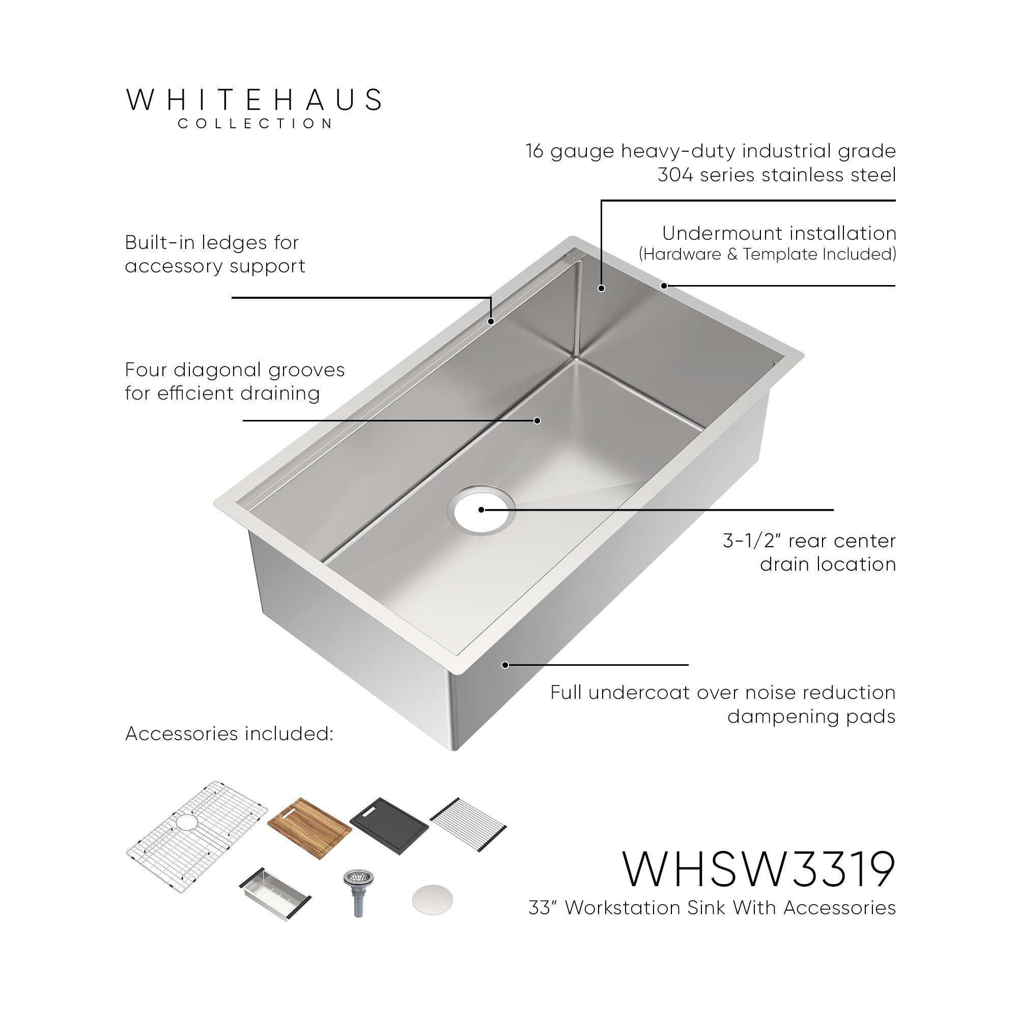 Undermount Single Bowl 16 Gauge Brushed Stainless Steel Workstation Sink With Accessories