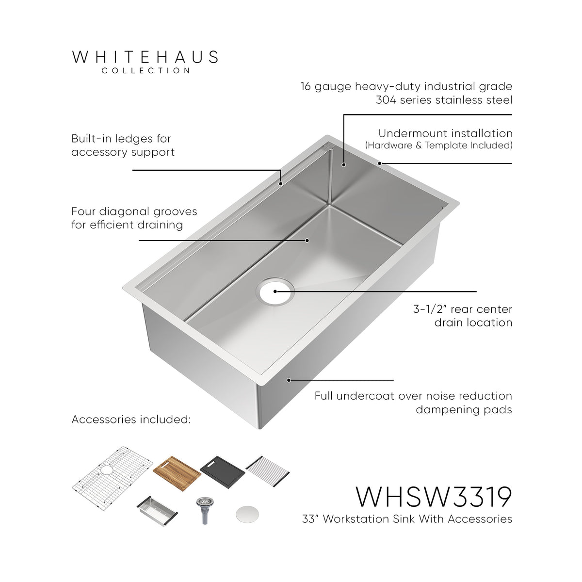 Undermount Single Bowl 16 Gauge Brushed Stainless Steel Workstation Sink With Accessories