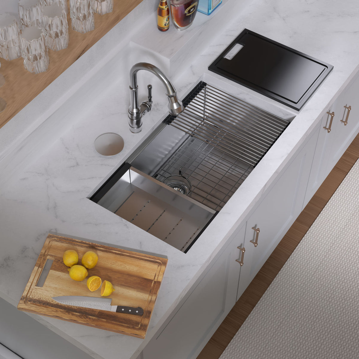 Undermount Single Bowl 16 Gauge Brushed Stainless Steel Workstation Sink With Accessories