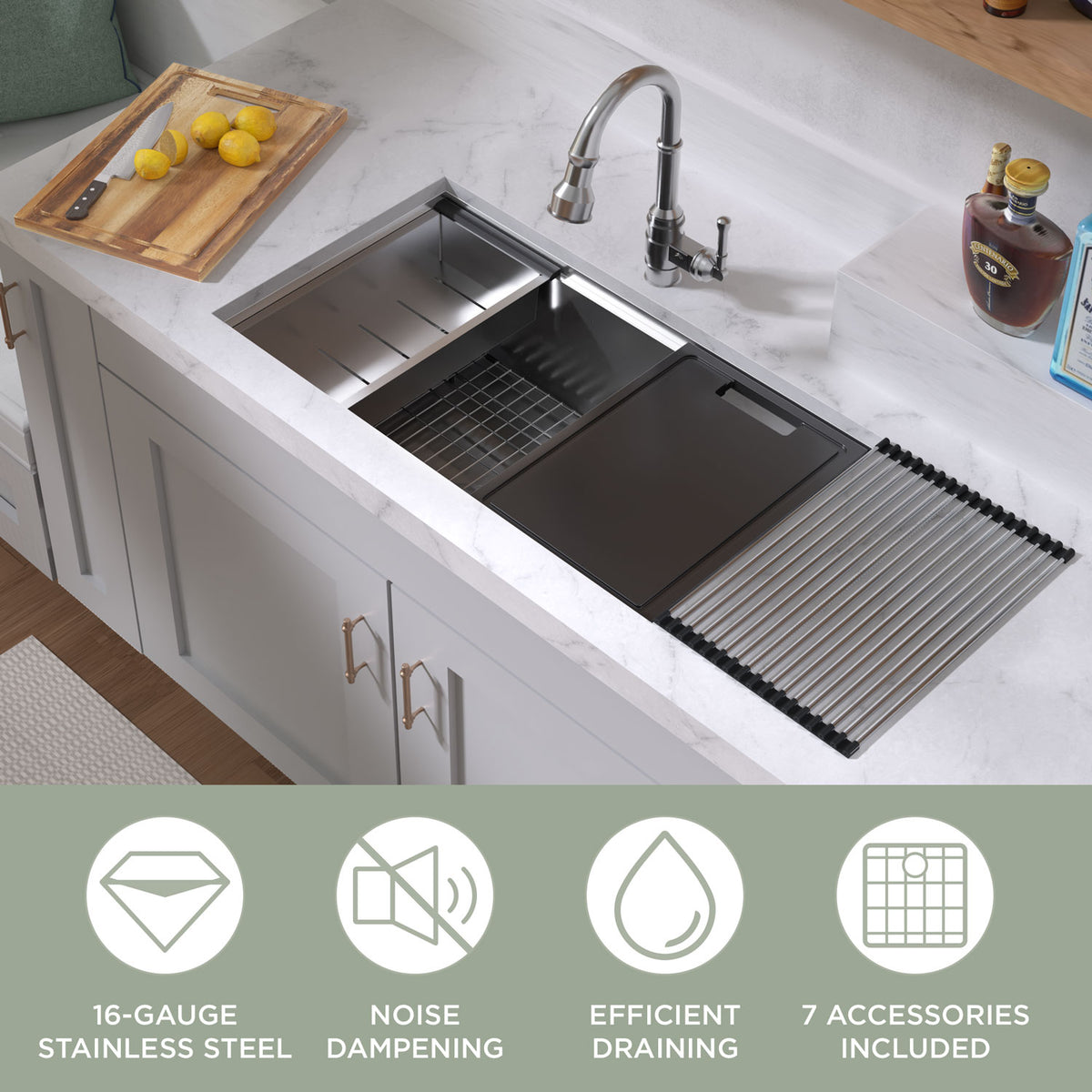 Undermount Single Bowl 16 Gauge Brushed Stainless Steel Workstation Sink With Accessories