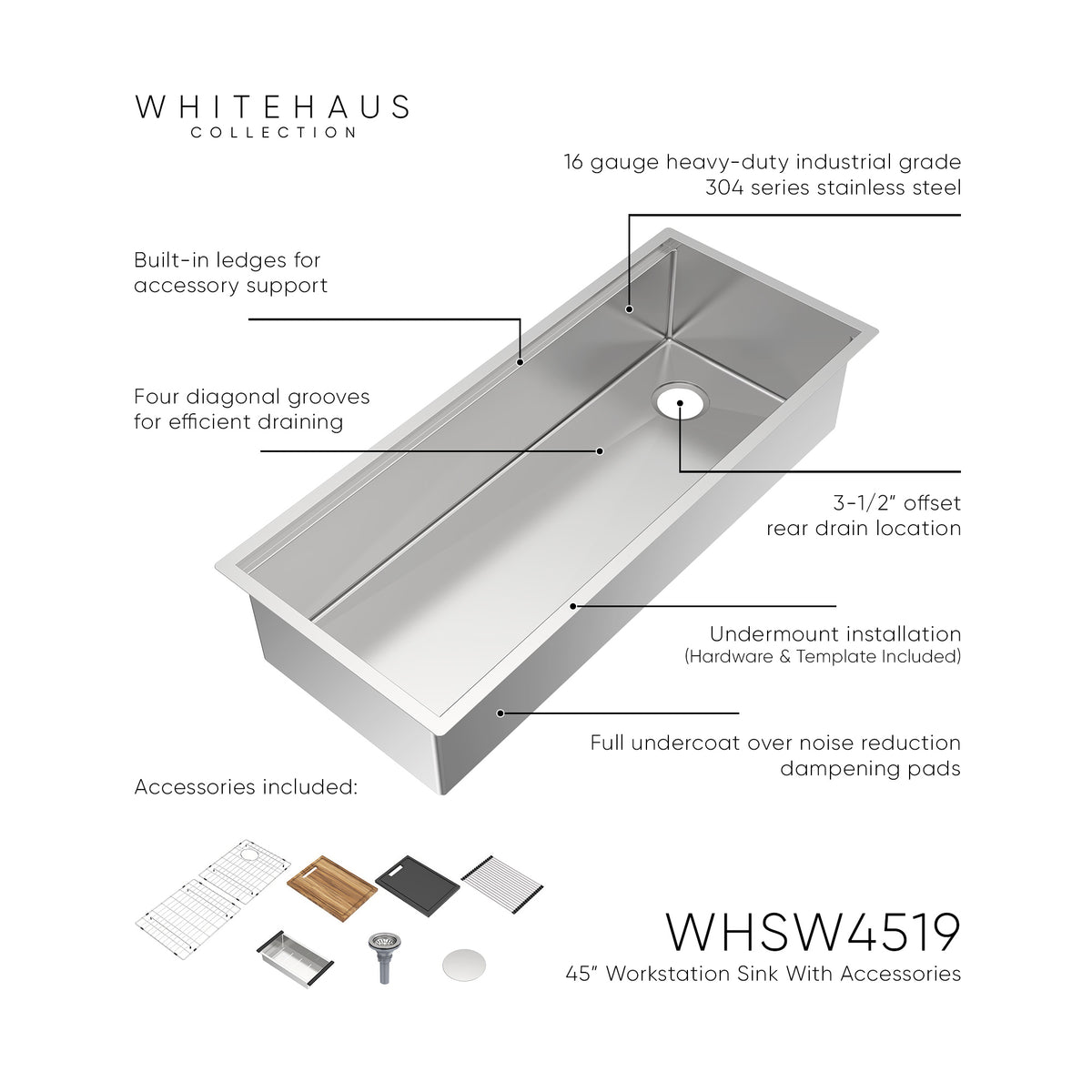 Undermount Single Bowl 16 Gauge Brushed Stainless Steel Workstation Sink With Accessories