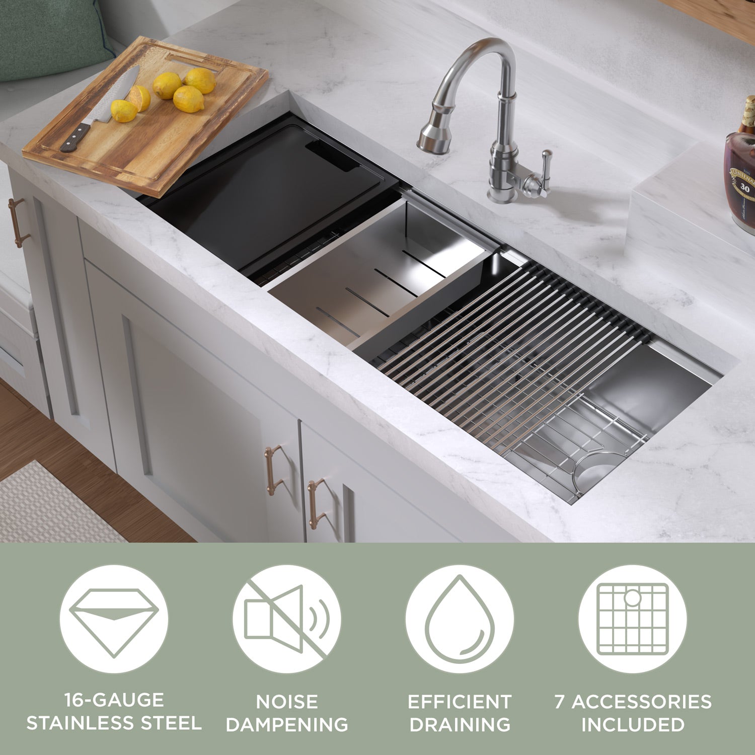 Undermount Single Bowl 16 Gauge Brushed Stainless Steel Workstation Sink With Accessories