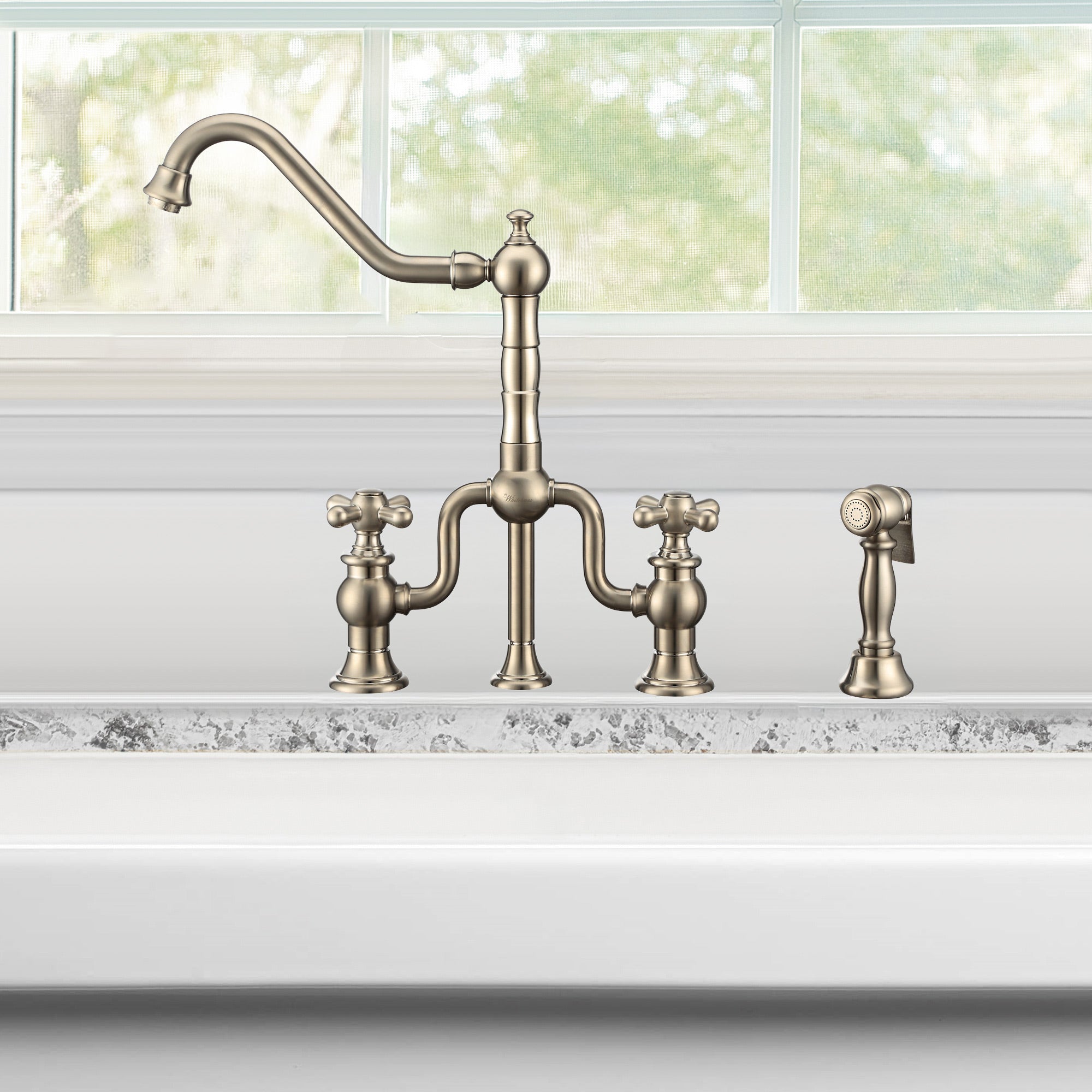 Bridge Faucet with Long Traditional Swivel Spout, Cross Handles and Solid Brass Side Spray