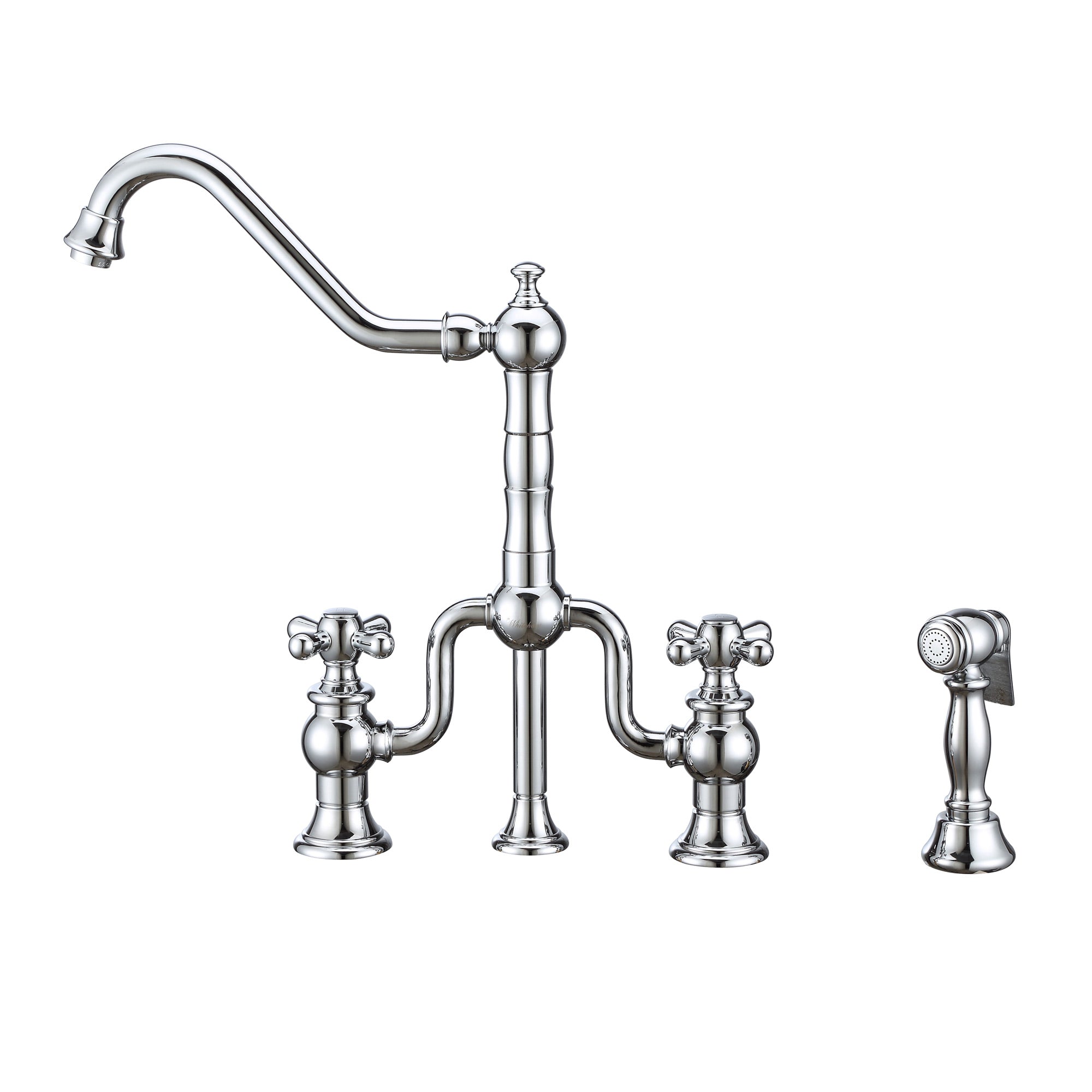 Bridge Faucet with Long Traditional Swivel Spout, Cross Handles and Solid Brass Side Spray