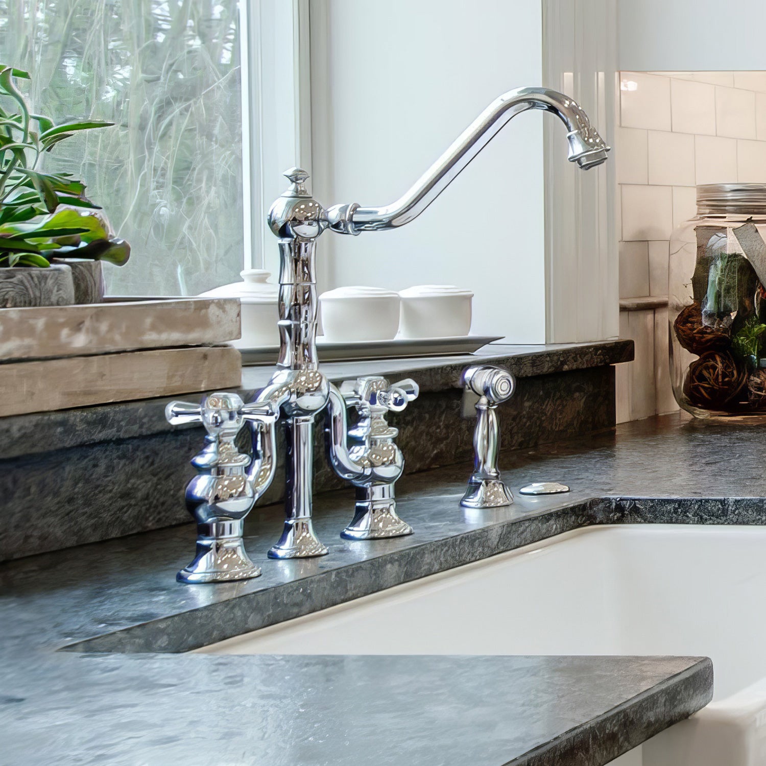 Bridge Faucet with Long Traditional Swivel Spout, Cross Handles and Solid Brass Side Spray