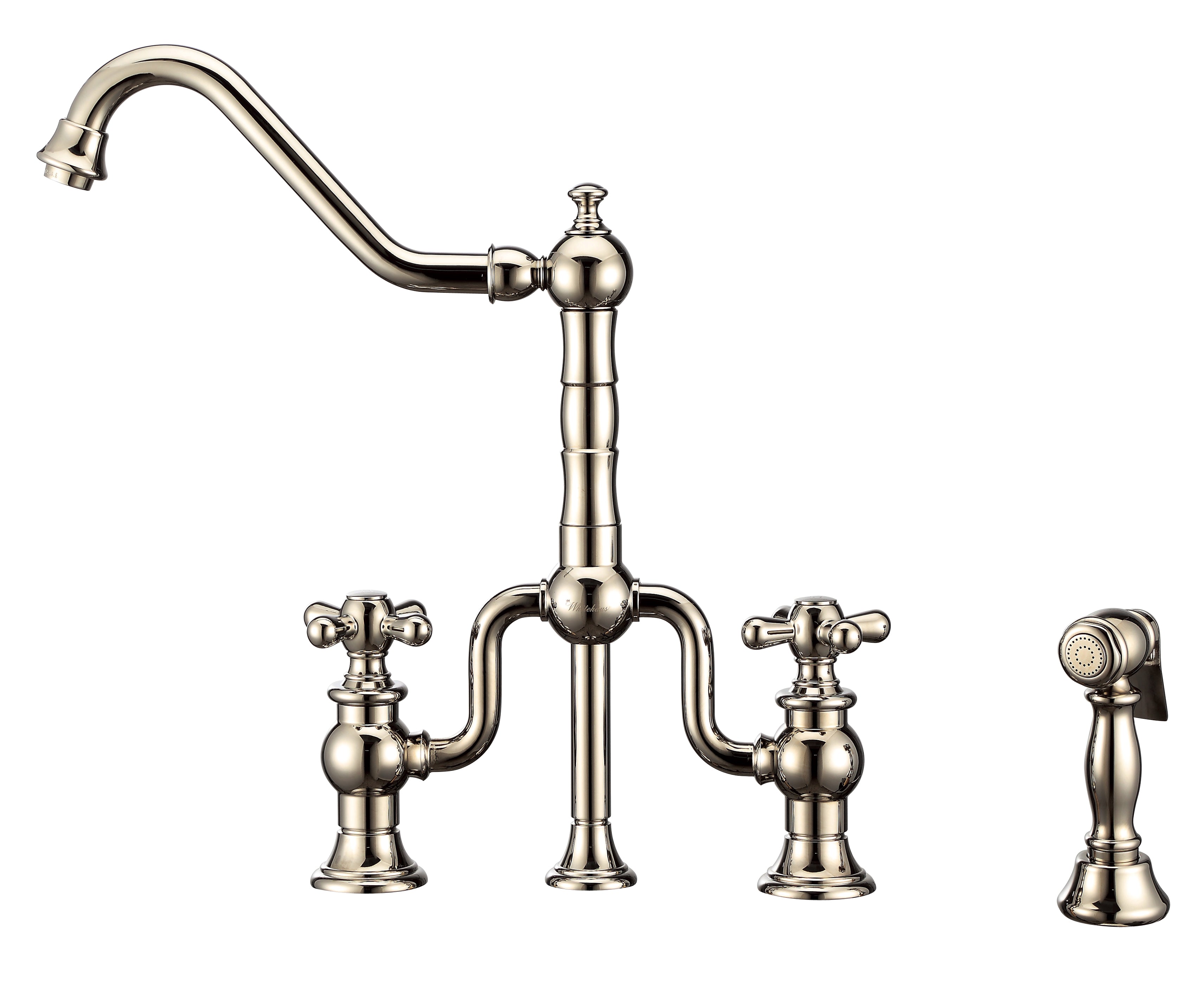Bridge Faucet with Long Traditional Swivel Spout, Cross Handles and Solid Brass Side Spray