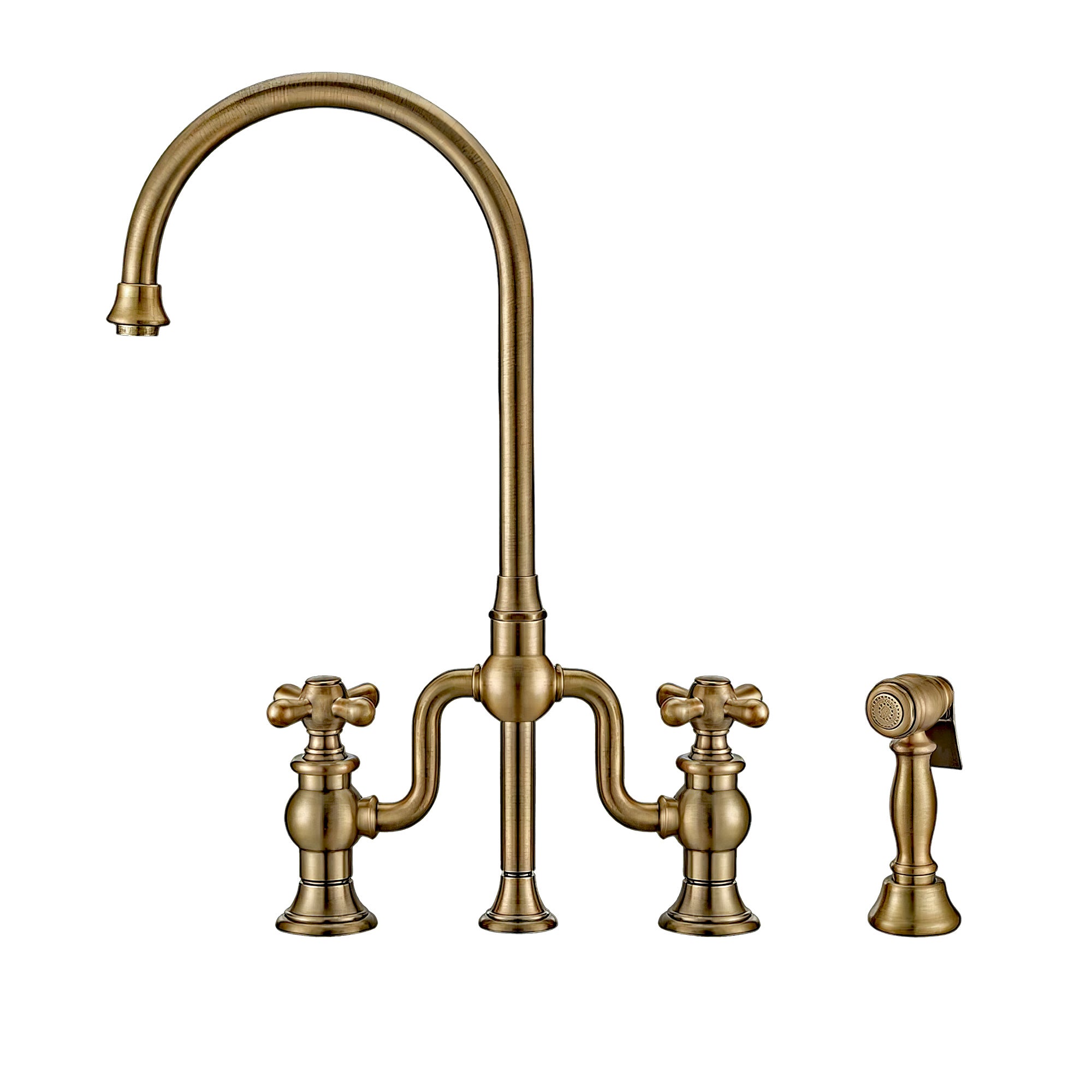 Bridge Faucet with Gooseneck Swivel Spout, Cross Handles and Solid Brass Side Spray