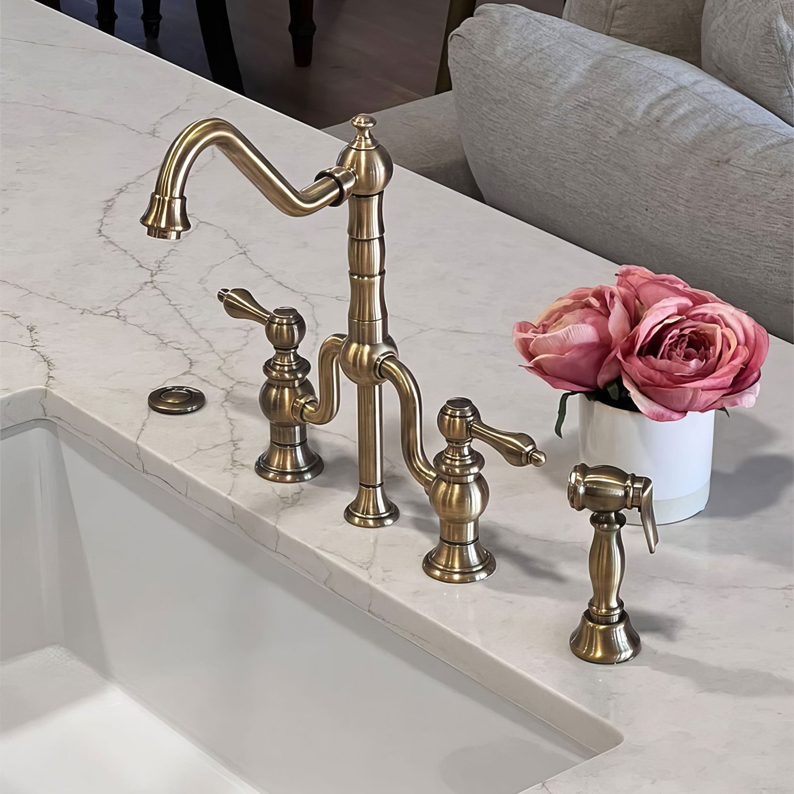 Bridge Faucet with Long Traditional Swivel Spout, Lever Handles and Solid Brass Side Spray
