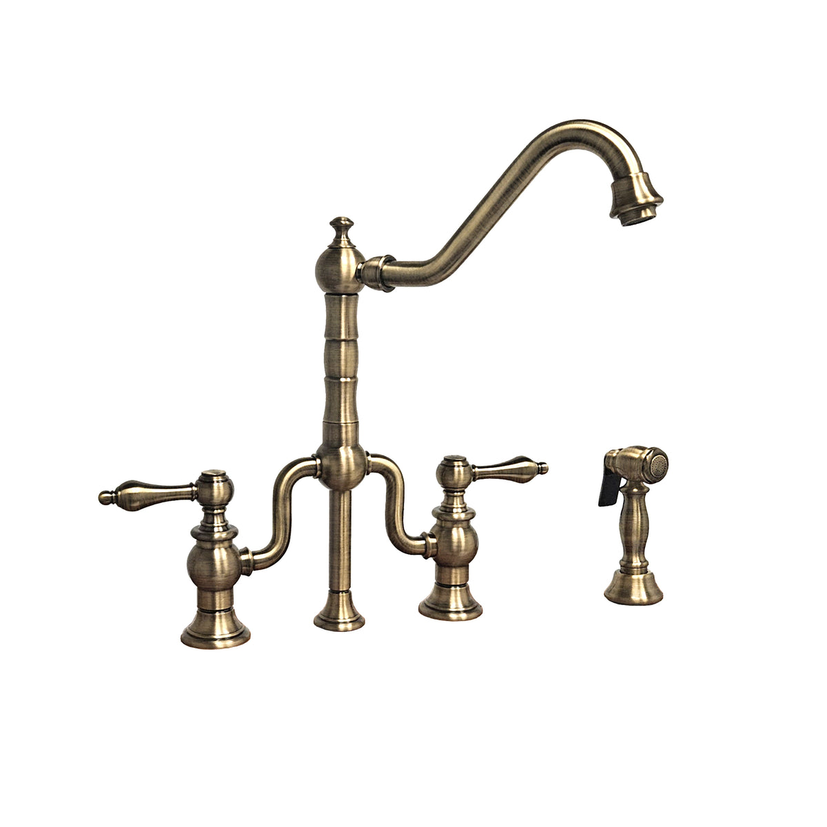 Bridge Faucet with Long Traditional Swivel Spout, Lever Handles and Solid Brass Side Spray