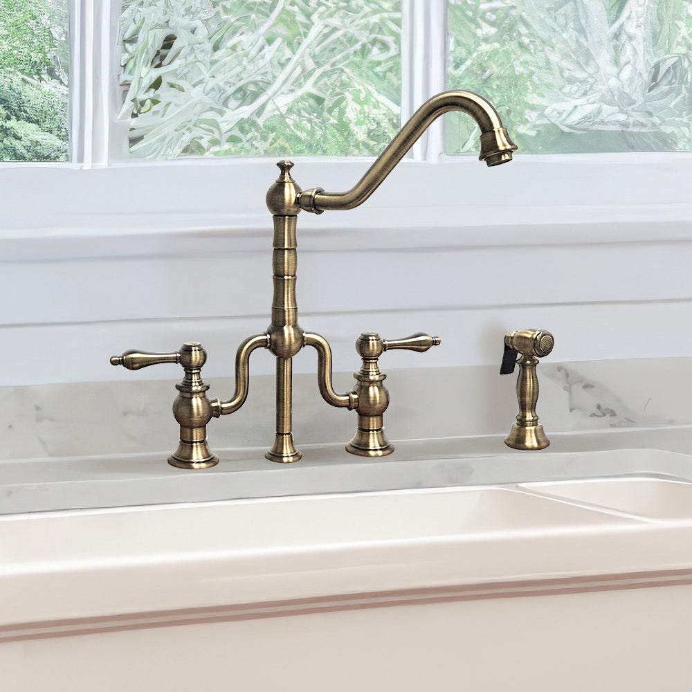Bridge Faucet with Long Traditional Swivel Spout, Lever Handles