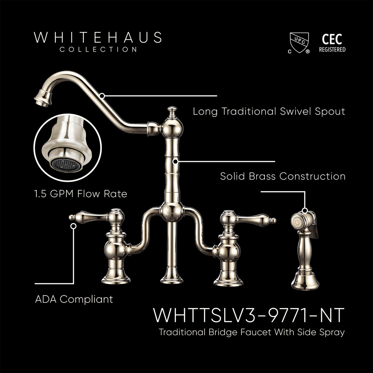 Bridge Faucet with Long Traditional Swivel Spout, Lever Handles and Solid Brass Side Spray