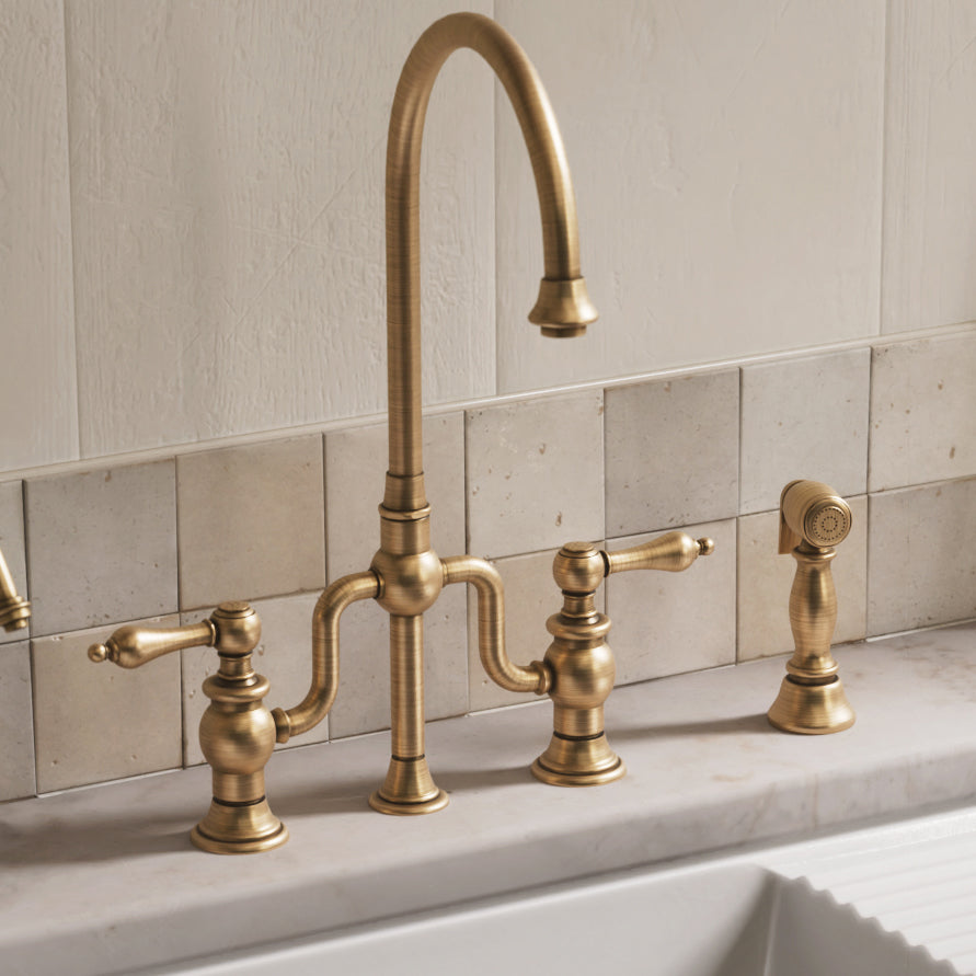 Bridge Faucet with Gooseneck Swivel Spout, Lever Handles and Solid Brass Side Spray