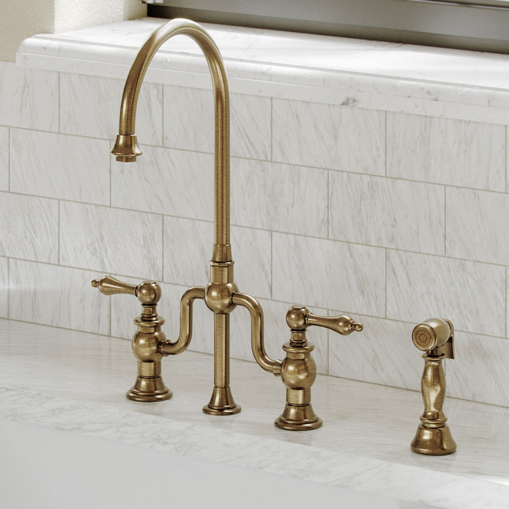 Bridge Faucet with Gooseneck Swivel Spout, Lever Handles and Solid Brass Side Spray