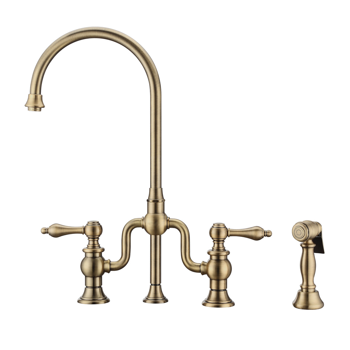 Bridge Faucet with Gooseneck Swivel Spout, Lever Handles and Solid Brass Side Spray