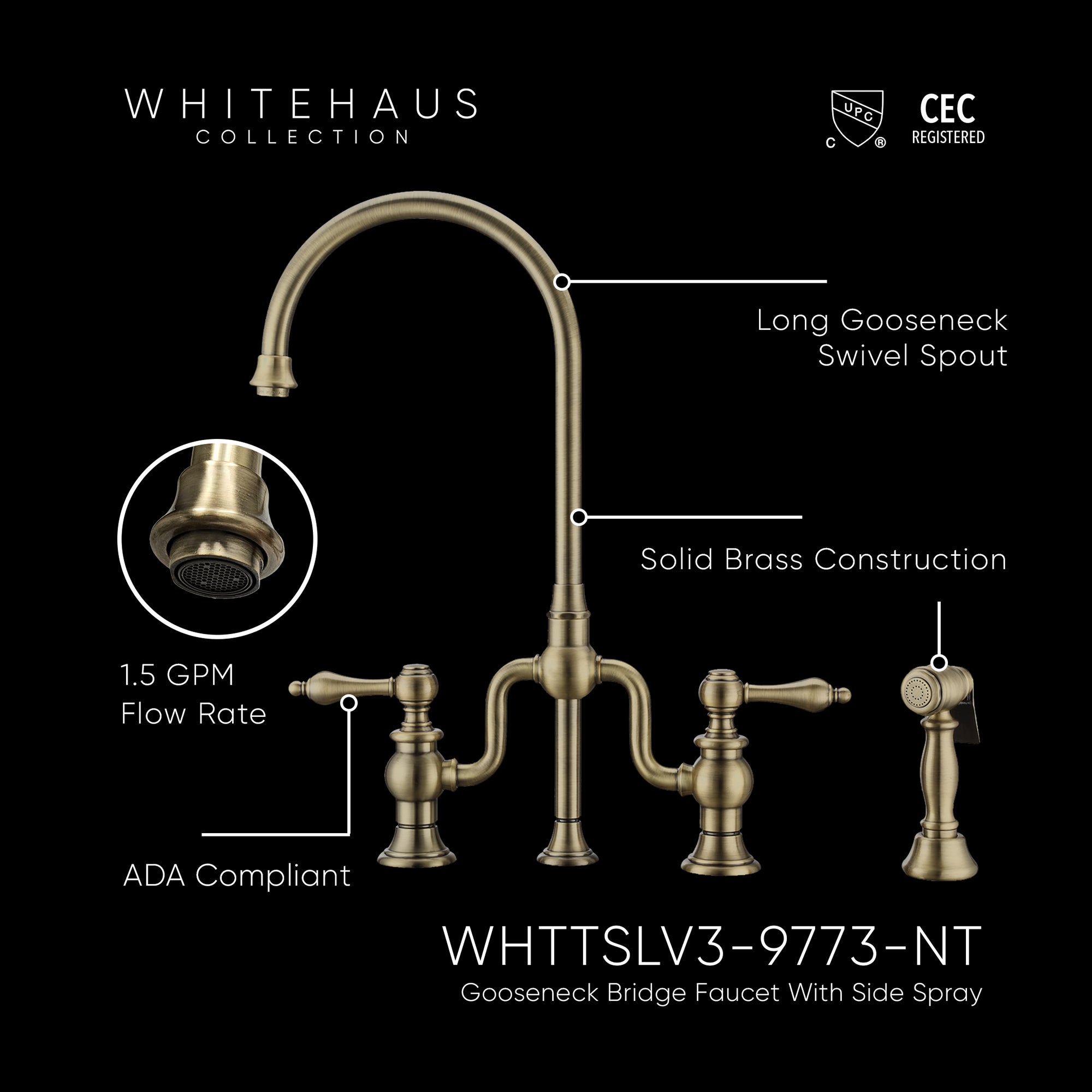 Bridge Faucet with Gooseneck Swivel Spout, Lever Handles and Solid Brass Side Spray