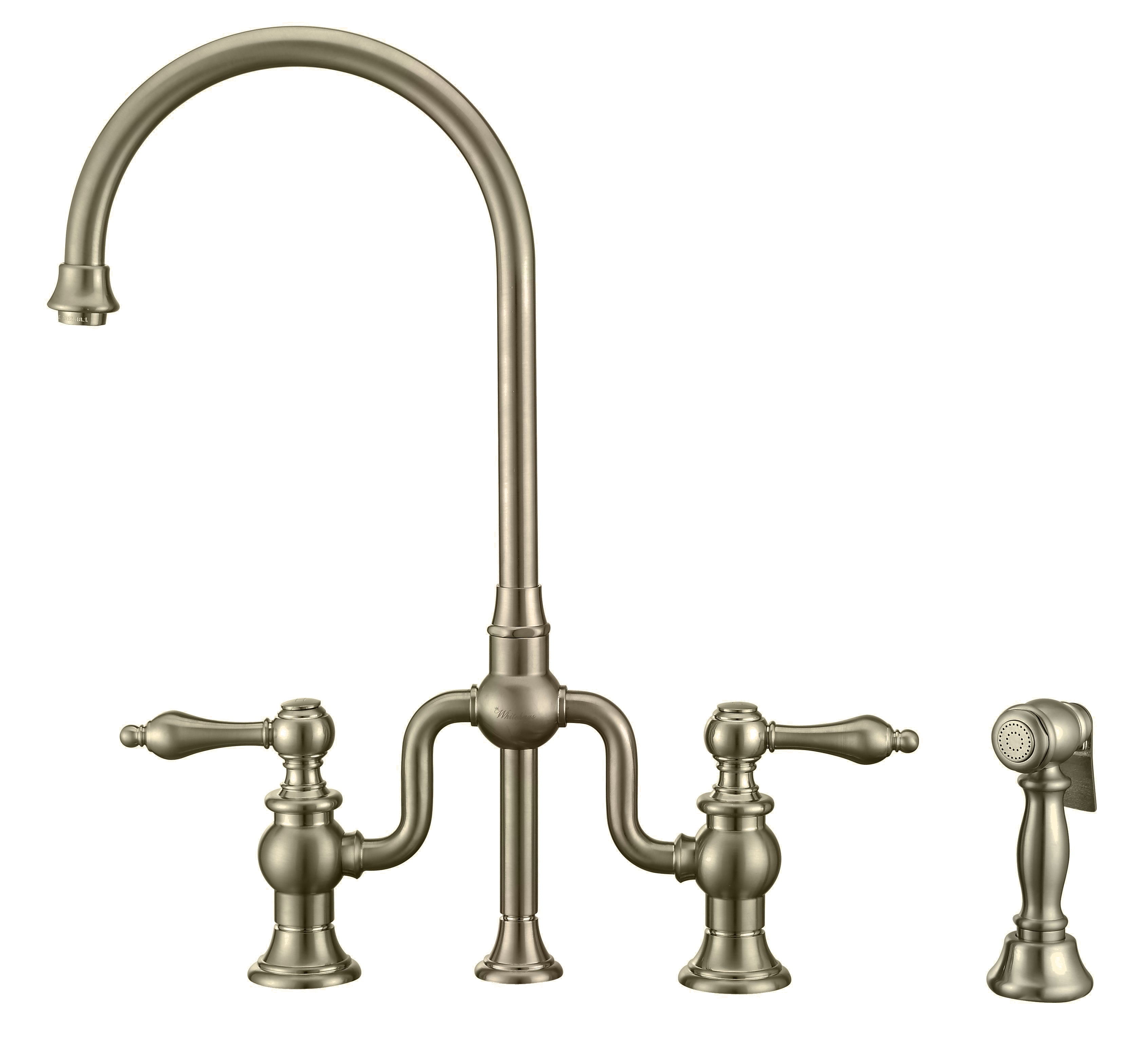 Bridge Faucet with Gooseneck Swivel Spout, Lever Handles and Solid Brass Side Spray