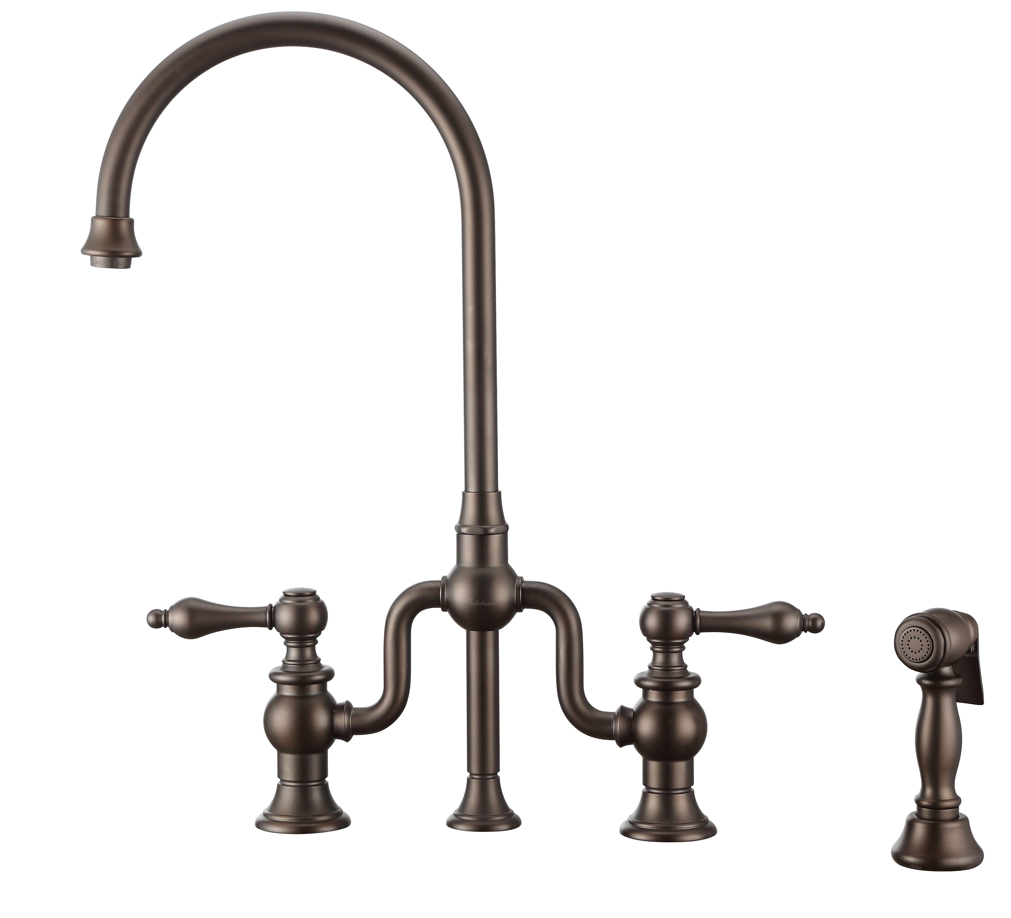 Bridge Faucet with Gooseneck Swivel Spout, Lever Handles and Solid Brass Side Spray