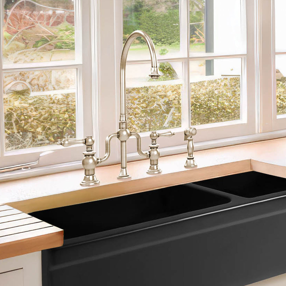 Bridge Faucet with Gooseneck Swivel Spout, Lever Handles and Solid Brass Side Spray