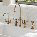 Bridge Faucet with Gooseneck Swivel Spout, Lever Handles and Solid Brass Side Spray