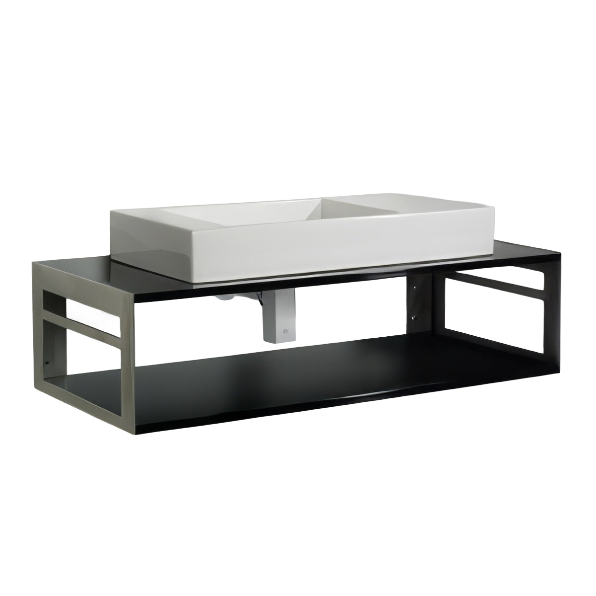 Rectangular White Porcelain Vessel Basin on a sleek Laminated Black Floating Countertop &amp; Shelf Unit with built-in towel rails