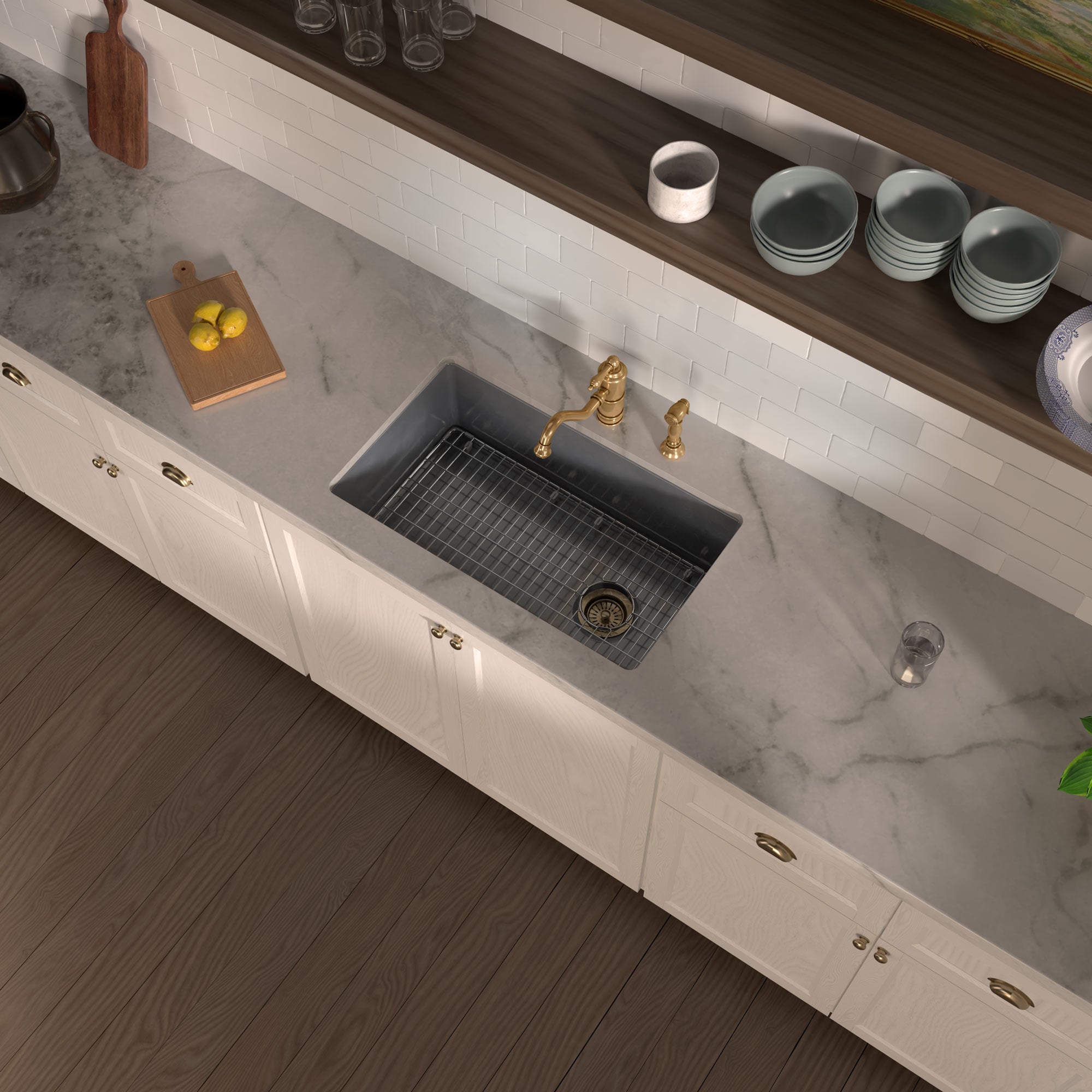 Undermount/drop-in single bowl fireclay kitchen sinks, stainless steel grid included