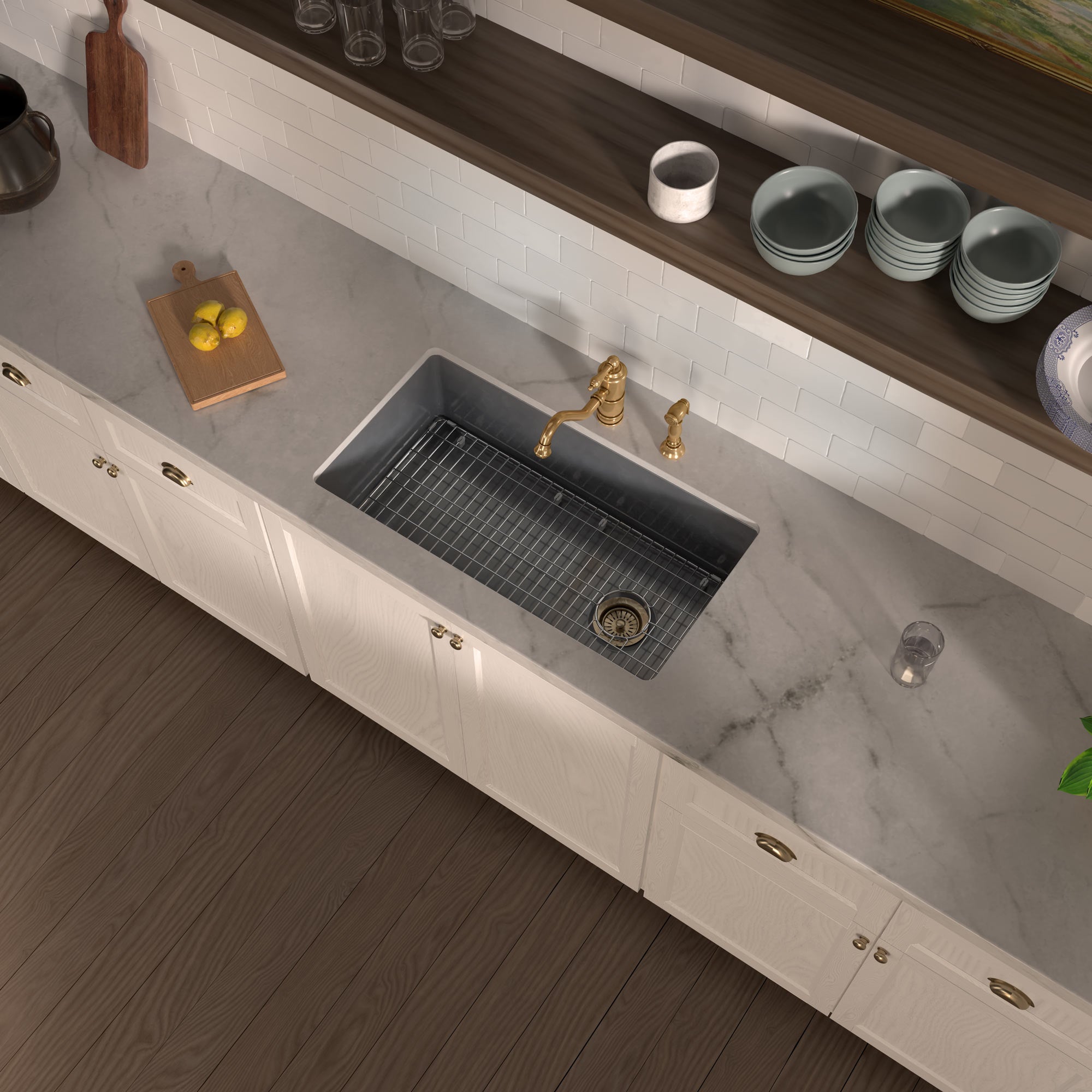 Undermount/drop-in single bowl fireclay kitchen sinks, stainless steel grid included