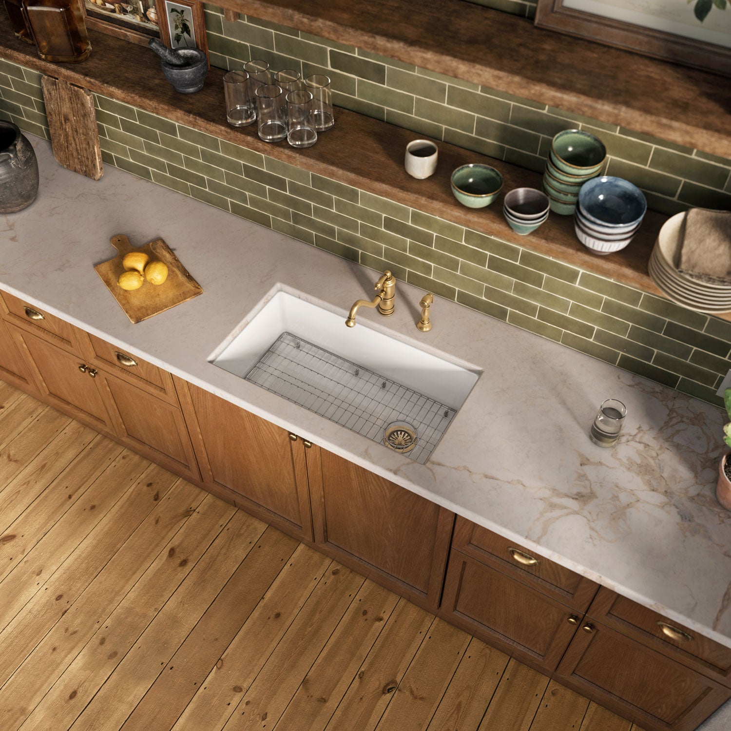 Undermount/drop-in single bowl fireclay kitchen sinks, stainless steel grid included