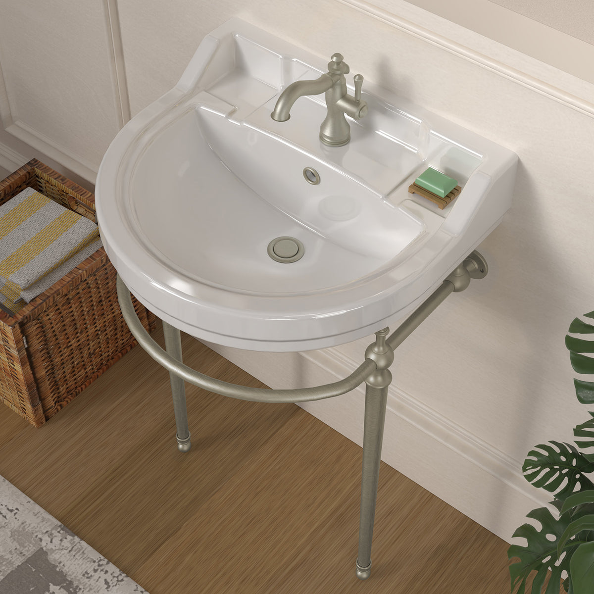 22&quot; Console Sink With Semi-Circular Bowl, Solid Brass Leg Supports and Front Towel Bar