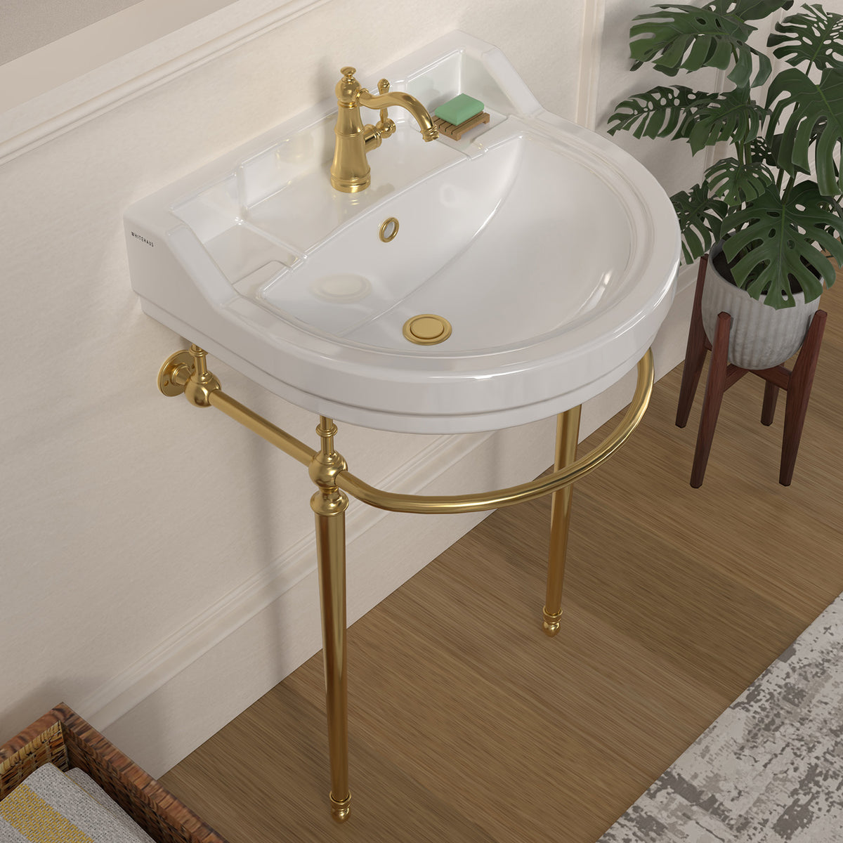 22&quot; Console Sink With Semi-Circular Bowl, Solid Brass Leg Supports and Front Towel Bar