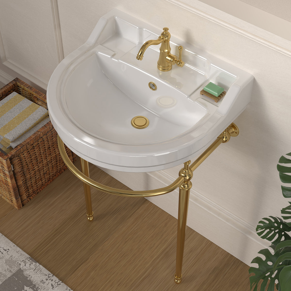 22&quot; Console Sink With Semi-Circular Bowl, Solid Brass Leg Supports and Front Towel Bar