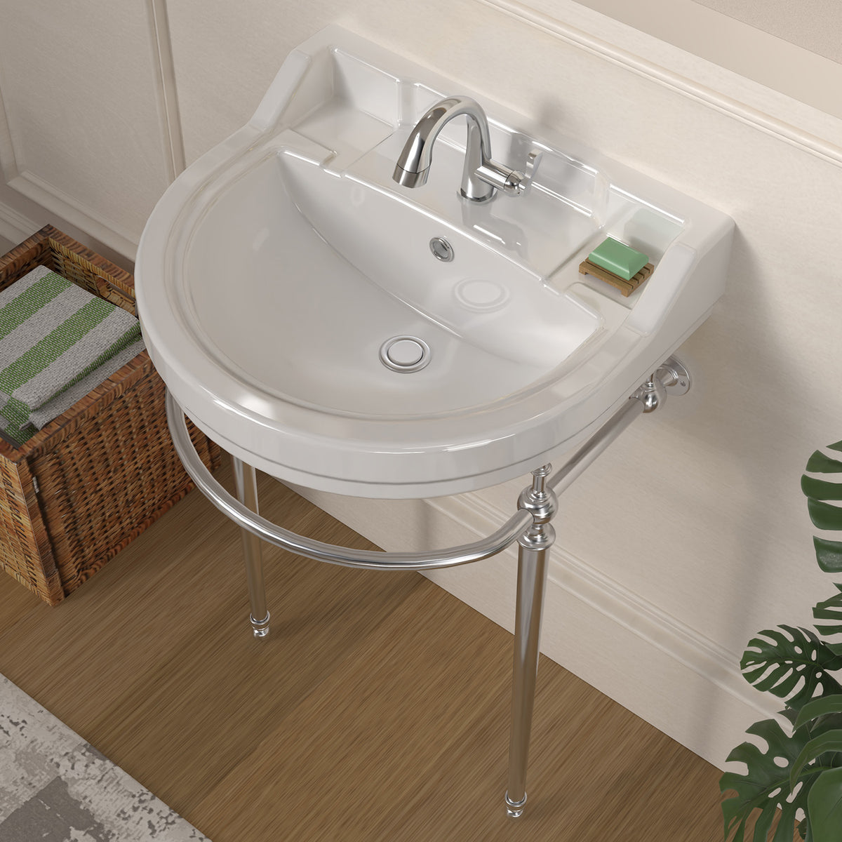 22&quot; Console Sink With Semi-Circular Bowl, Solid Brass Leg Supports and Front Towel Bar