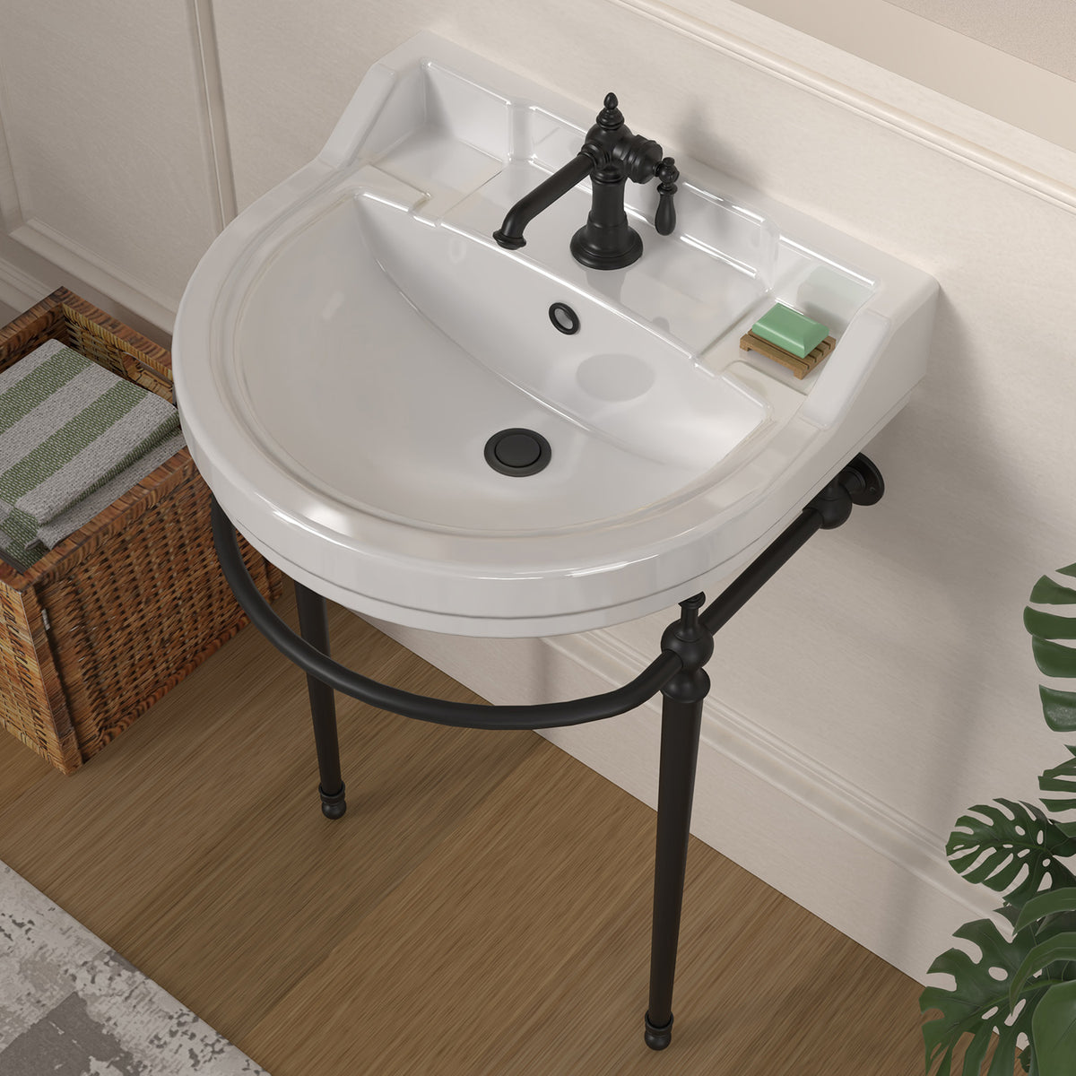 22&quot; Console Sink With Semi-Circular Bowl, Solid Brass Leg Supports and Front Towel Bar