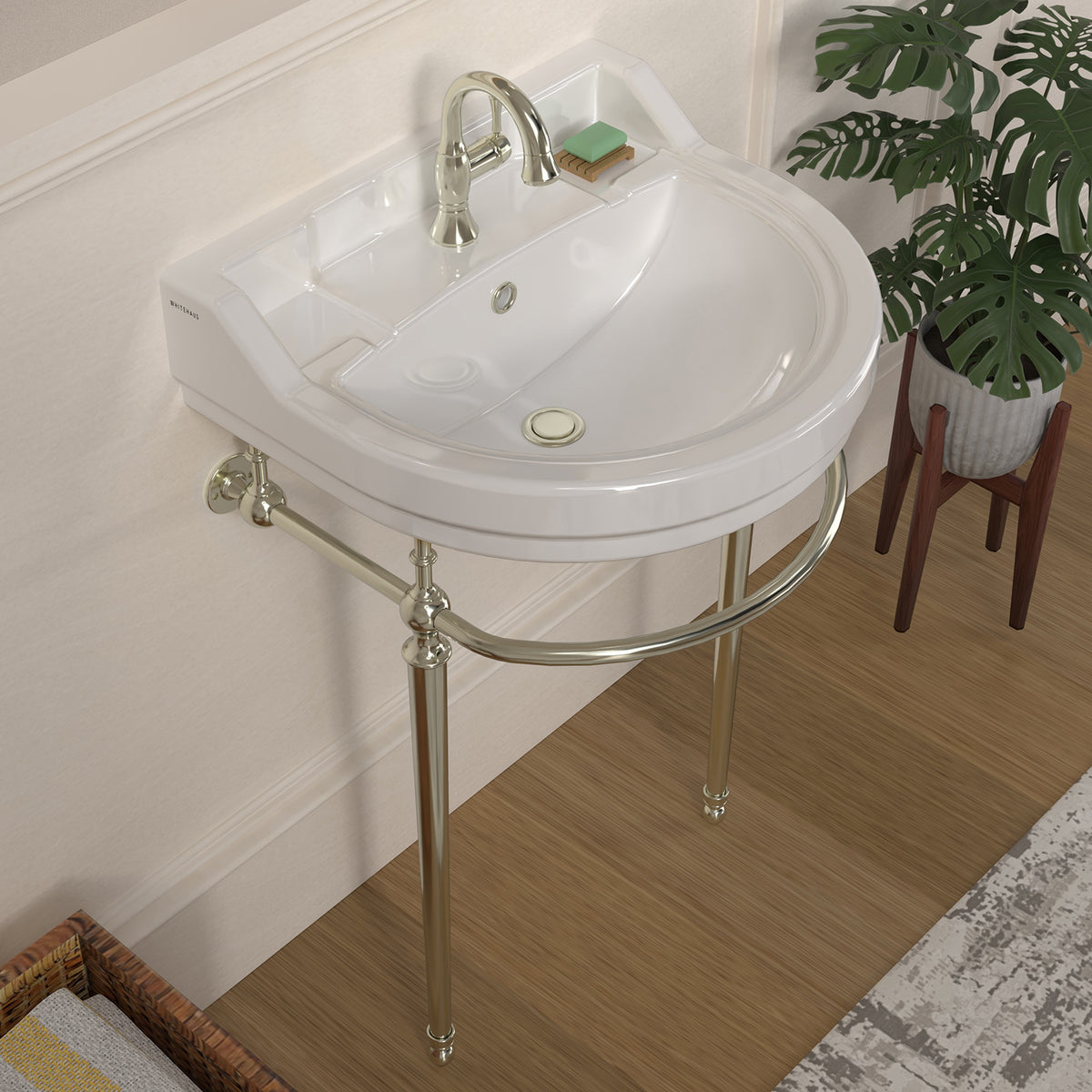 22&quot; Console Sink With Semi-Circular Bowl, Solid Brass Leg Supports and Front Towel Bar
