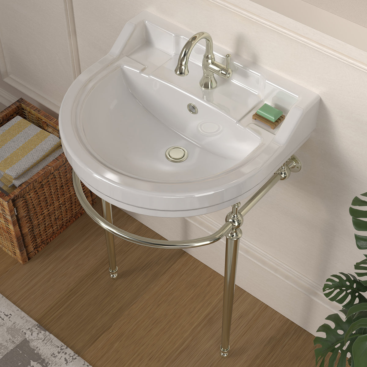 22&quot; Console Sink With Semi-Circular Bowl, Solid Brass Leg Supports and Front Towel Bar