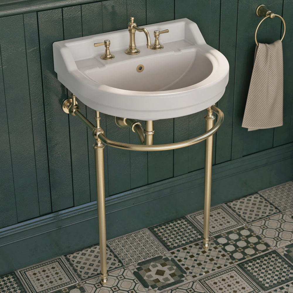 22" console sink with semi-circular bowl, solid brass leg supports and front towel bar