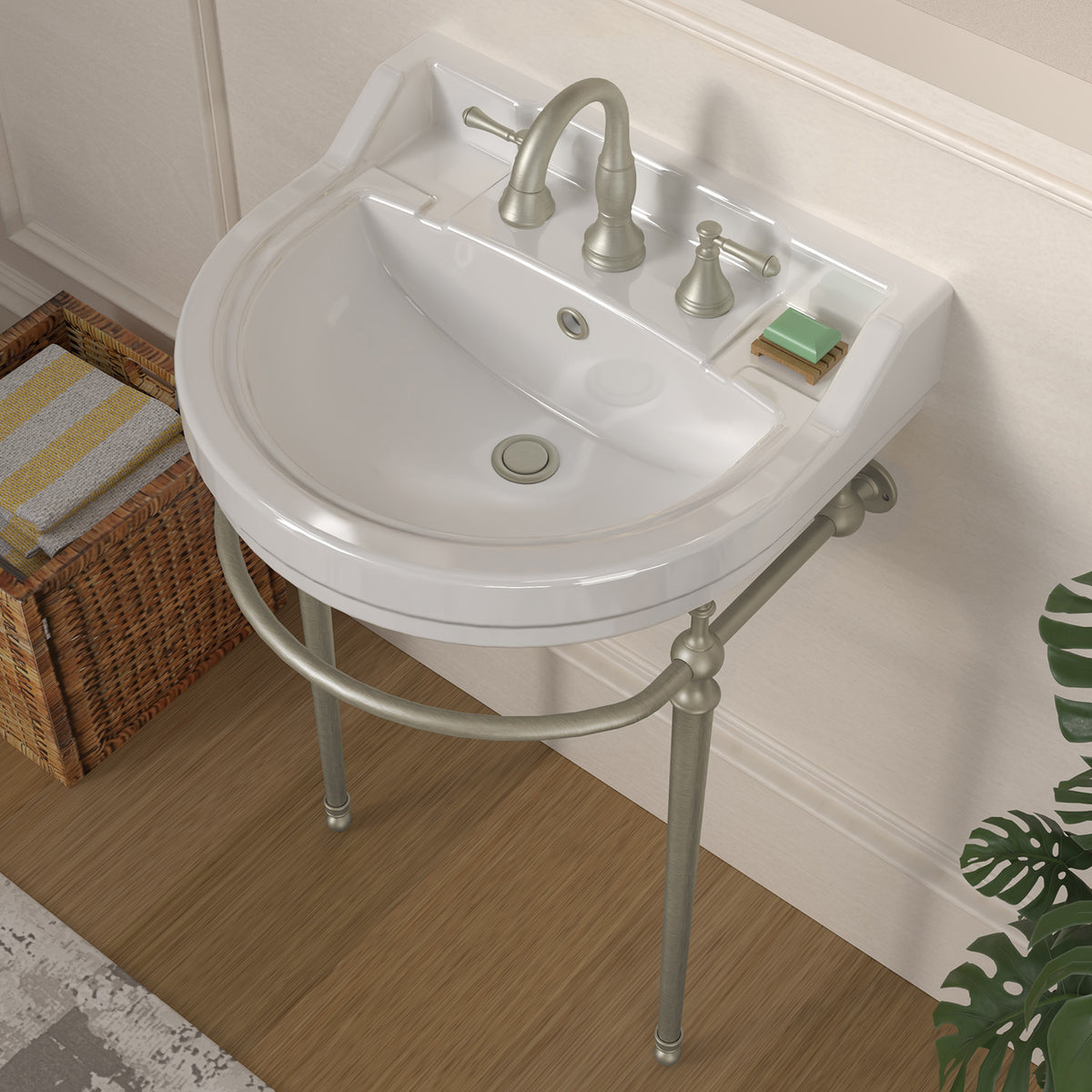 22&quot; Console Sink With Semi-Circular Bowl, Solid Brass Leg Supports and Front Towel Bar