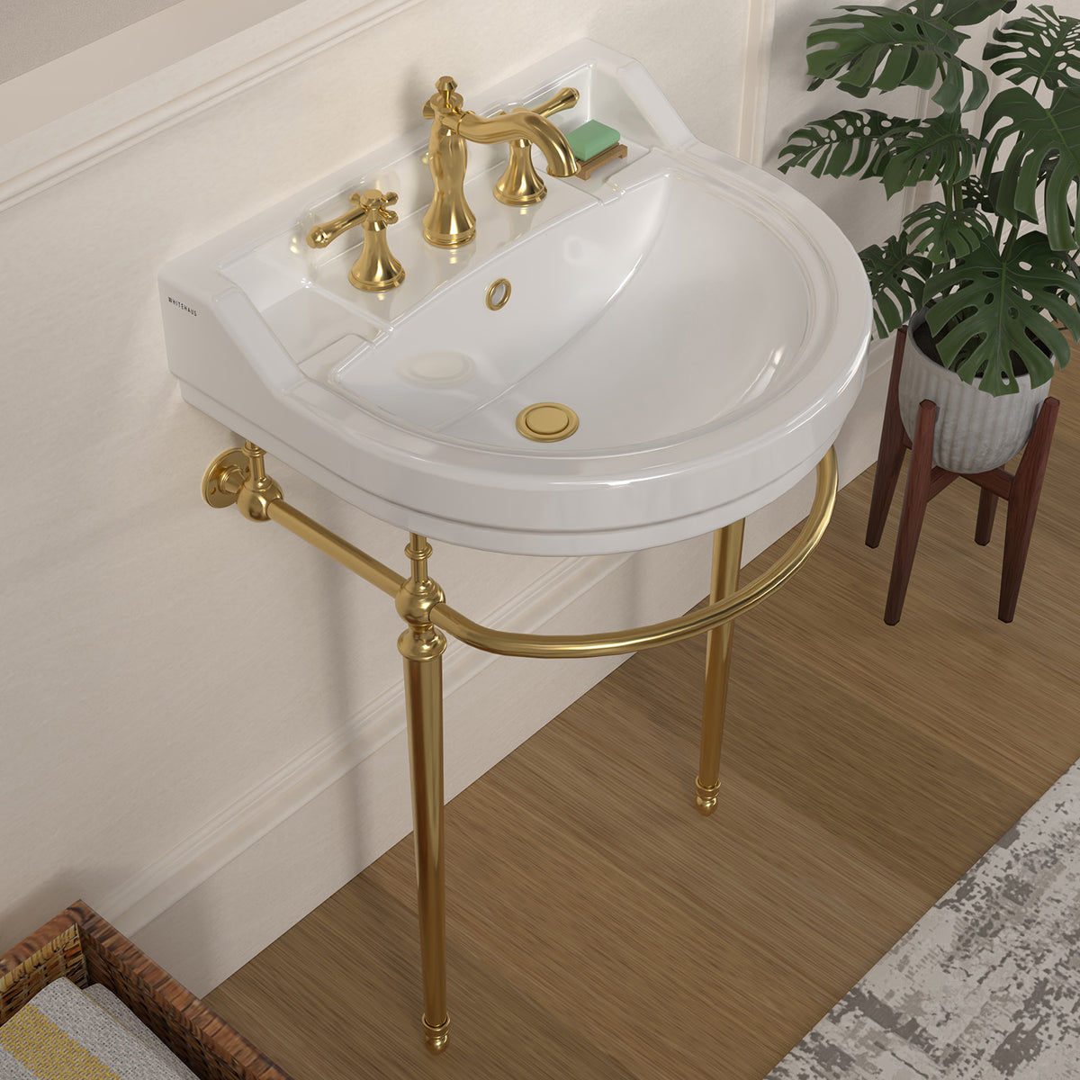 22&quot; Console Sink With Semi-Circular Bowl, Solid Brass Leg Supports and Front Towel Bar