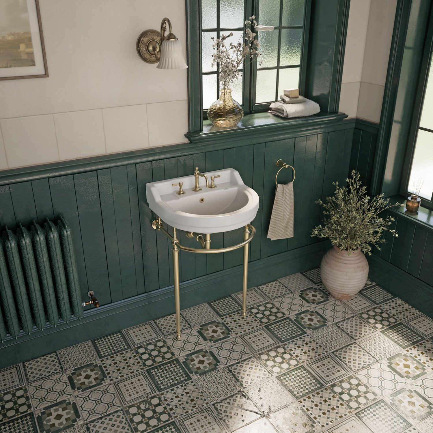 22" Console Sink With Semi-Circular Bowl, Solid Brass Leg Supports and Front Towel Bar