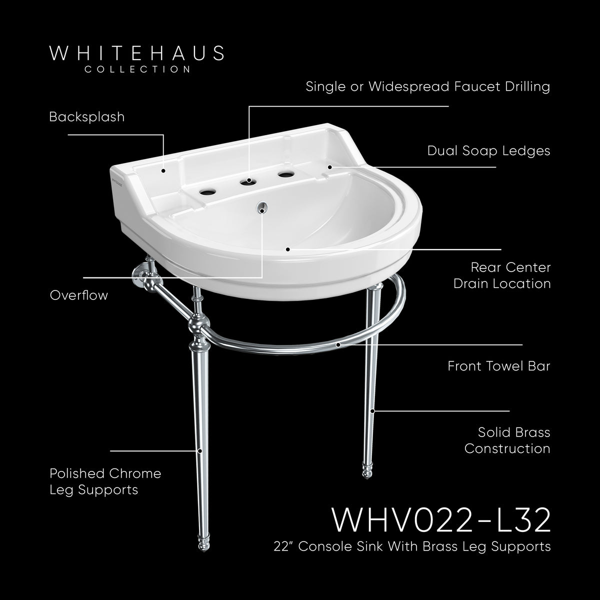 22&quot; Console Sink With Semi-Circular Bowl, Solid Brass Leg Supports and Front Towel Bar