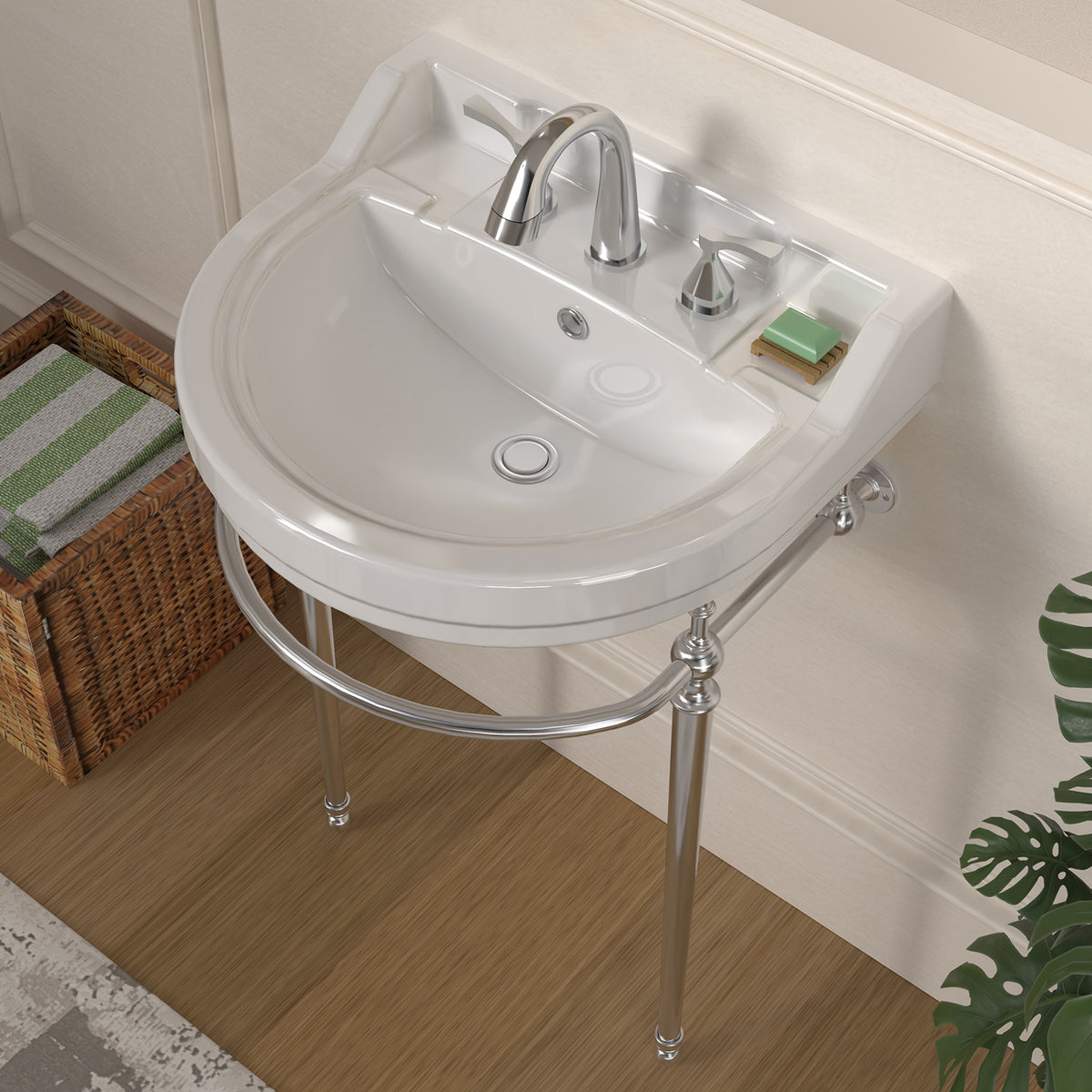 22&quot; Console Sink With Semi-Circular Bowl, Solid Brass Leg Supports and Front Towel Bar