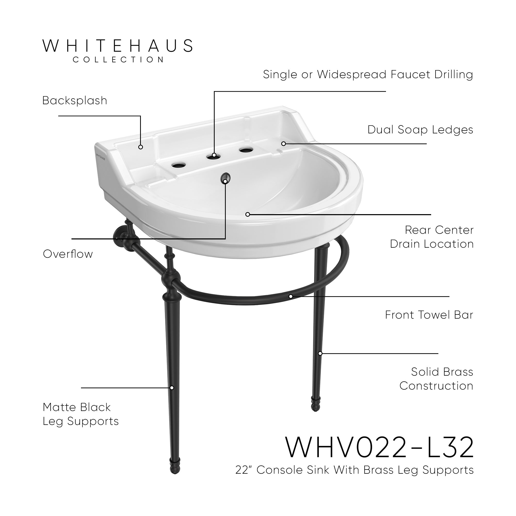 22" Console Sink With Semi-Circular Bowl, Solid Brass Leg Supports and Front Towel Bar