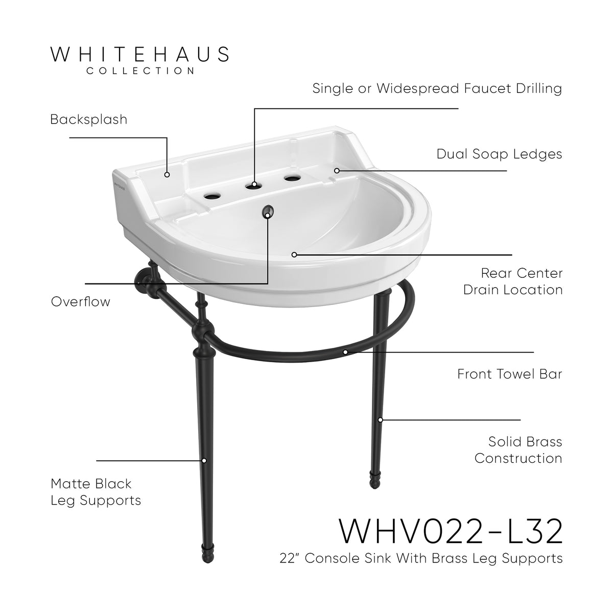 22&quot; Console Sink With Semi-Circular Bowl, Solid Brass Leg Supports and Front Towel Bar